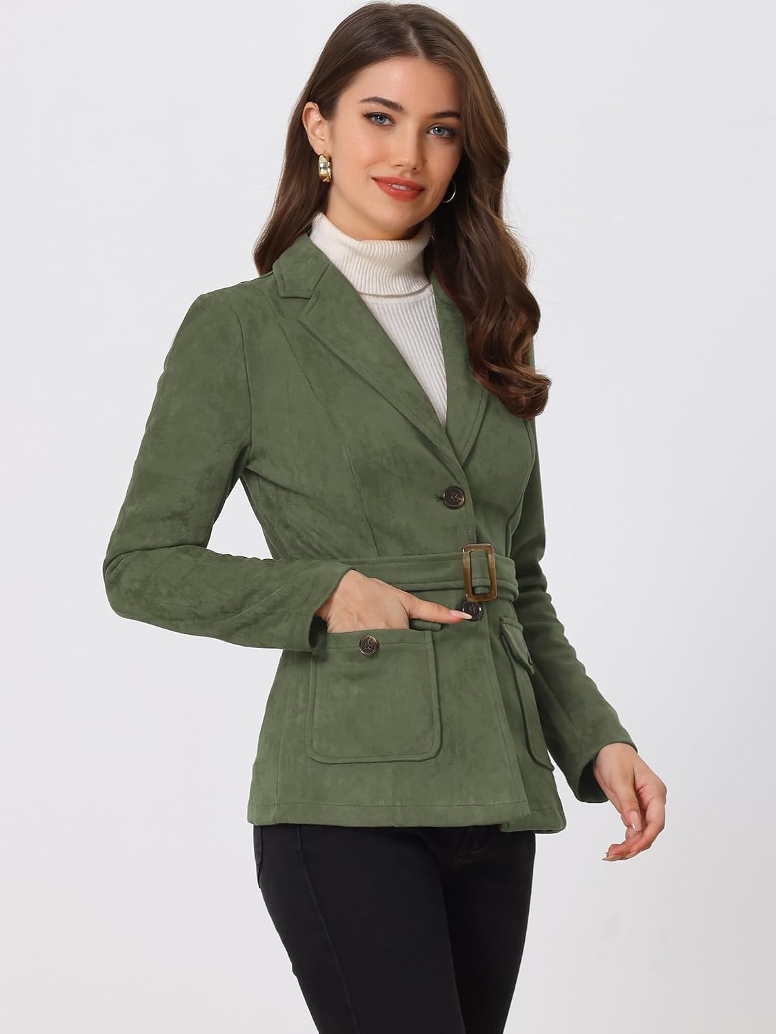 image:imageAllegra K Womens Faux Suede Blazer Belted Work Suit Jacket with Pockets Long Sleeve Button Down Collared Blazers Professional Business Casual Outfits for Fall WinterArmy Green