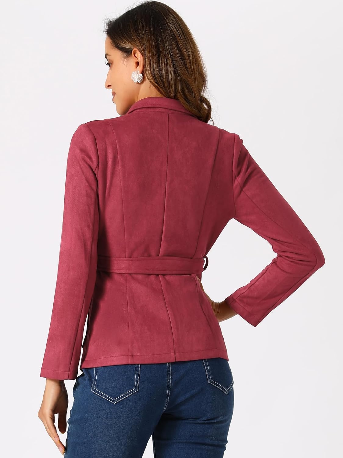 image:imageAllegra K Womens Faux Suede Blazer Belted Work Suit Jacket with Pockets Long Sleeve Button Down Collared Blazers Professional Business Casual Outfits for Fall WinterDark Red