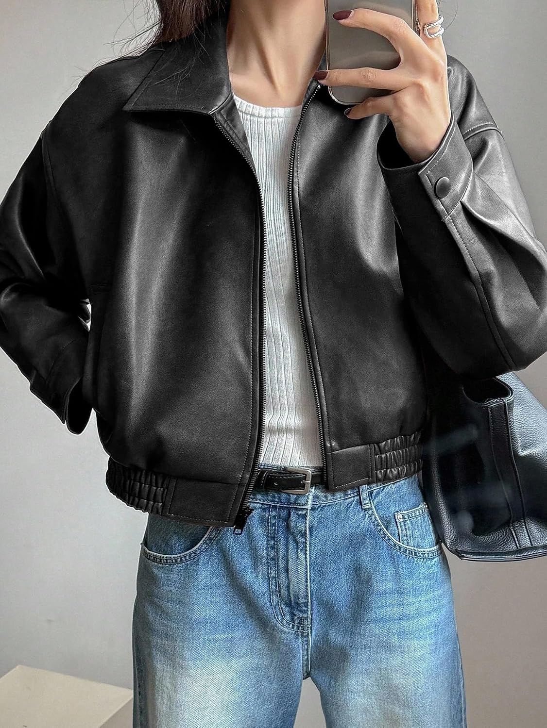image:imageBEAUDRM Womens Y2K Faux Leather Jacket Zip Up Crop Bomber Jacket Going Out Motor Bike Motorcycle Coat Streetwear with PocketSolid Black
