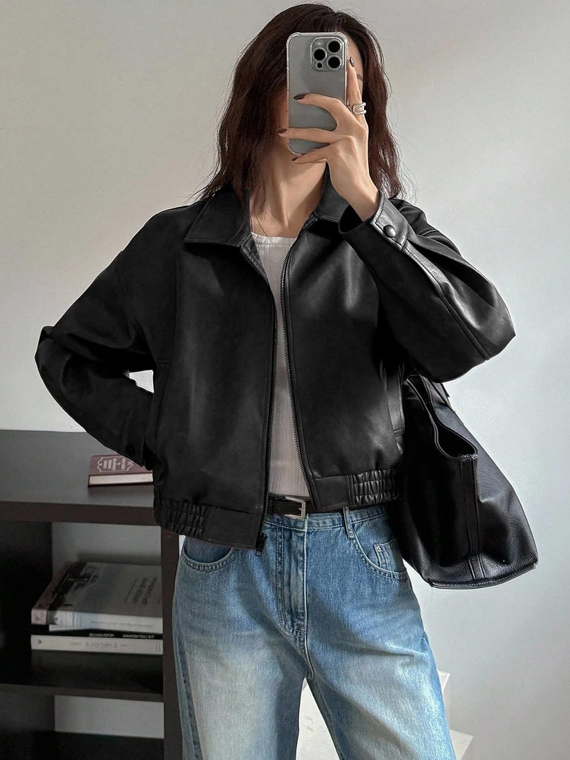 image:imageBEAUDRM Womens Y2K Faux Leather Jacket Zip Up Crop Bomber Jacket Going Out Motor Bike Motorcycle Coat Streetwear with PocketSolid Black