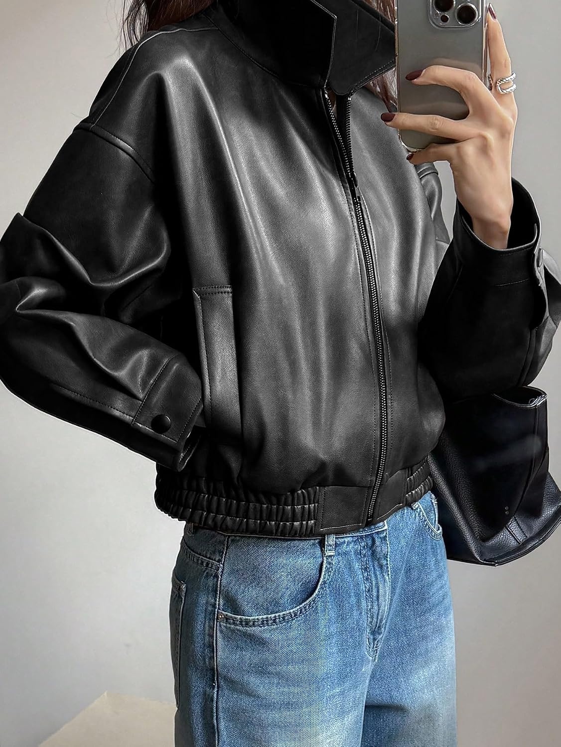 image:imageBEAUDRM Womens Y2K Faux Leather Jacket Zip Up Crop Bomber Jacket Going Out Motor Bike Motorcycle Coat Streetwear with PocketSolid Black