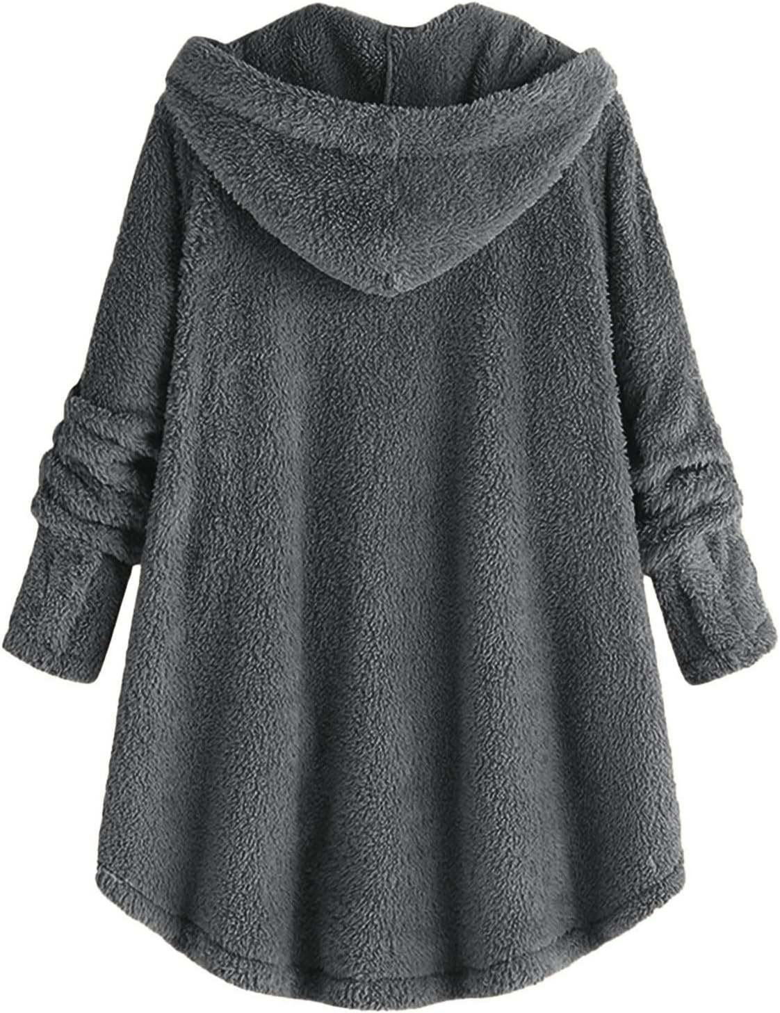 image:imageBeessbest Women Fleece Jacket Button Down Sherpa Hooded Coat Teddy Bear Jacket for Women Long Sleeve Solid Hoodies Oversized Fluffy Pajamas Coats Fall Winter Warm Outerwear with PocketDark Gray