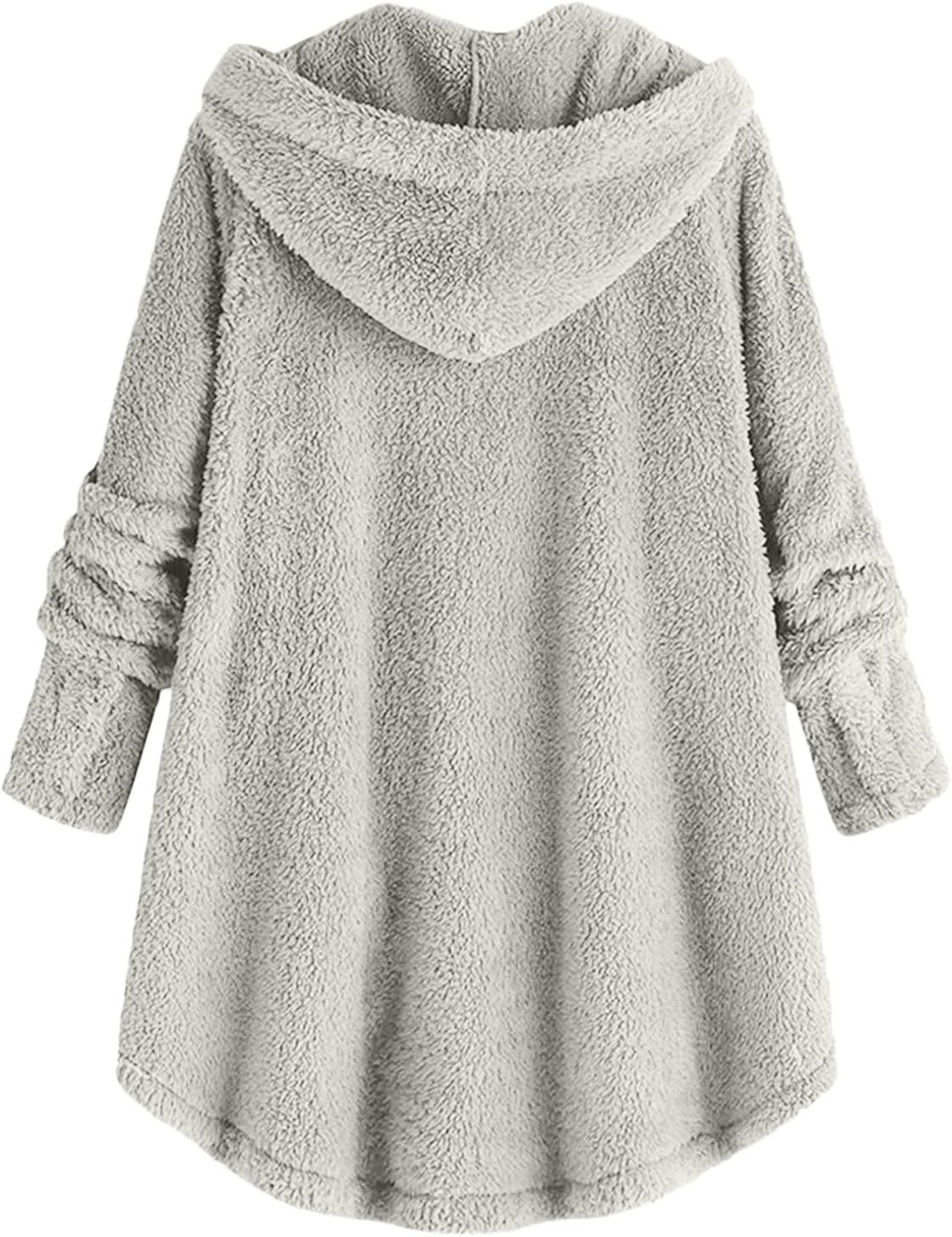 image:imageBeessbest Women Fleece Jacket Button Down Sherpa Hooded Coat Teddy Bear Jacket for Women Long Sleeve Solid Hoodies Oversized Fluffy Pajamas Coats Fall Winter Warm Outerwear with PocketGray