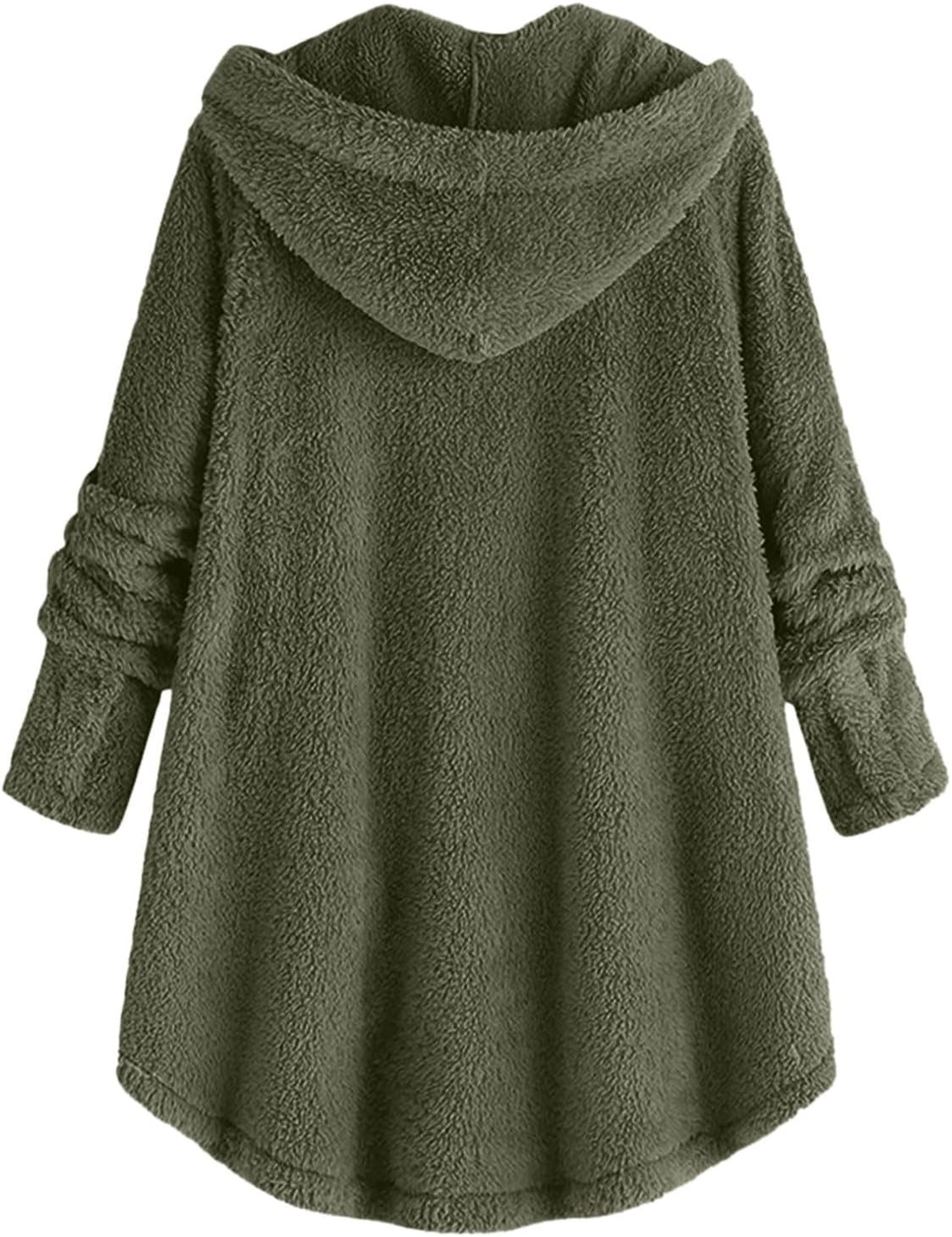 image:imageBeessbest Women Fleece Jacket Button Down Sherpa Hooded Coat Teddy Bear Jacket for Women Long Sleeve Solid Hoodies Oversized Fluffy Pajamas Coats Fall Winter Warm Outerwear with PocketArmy Green