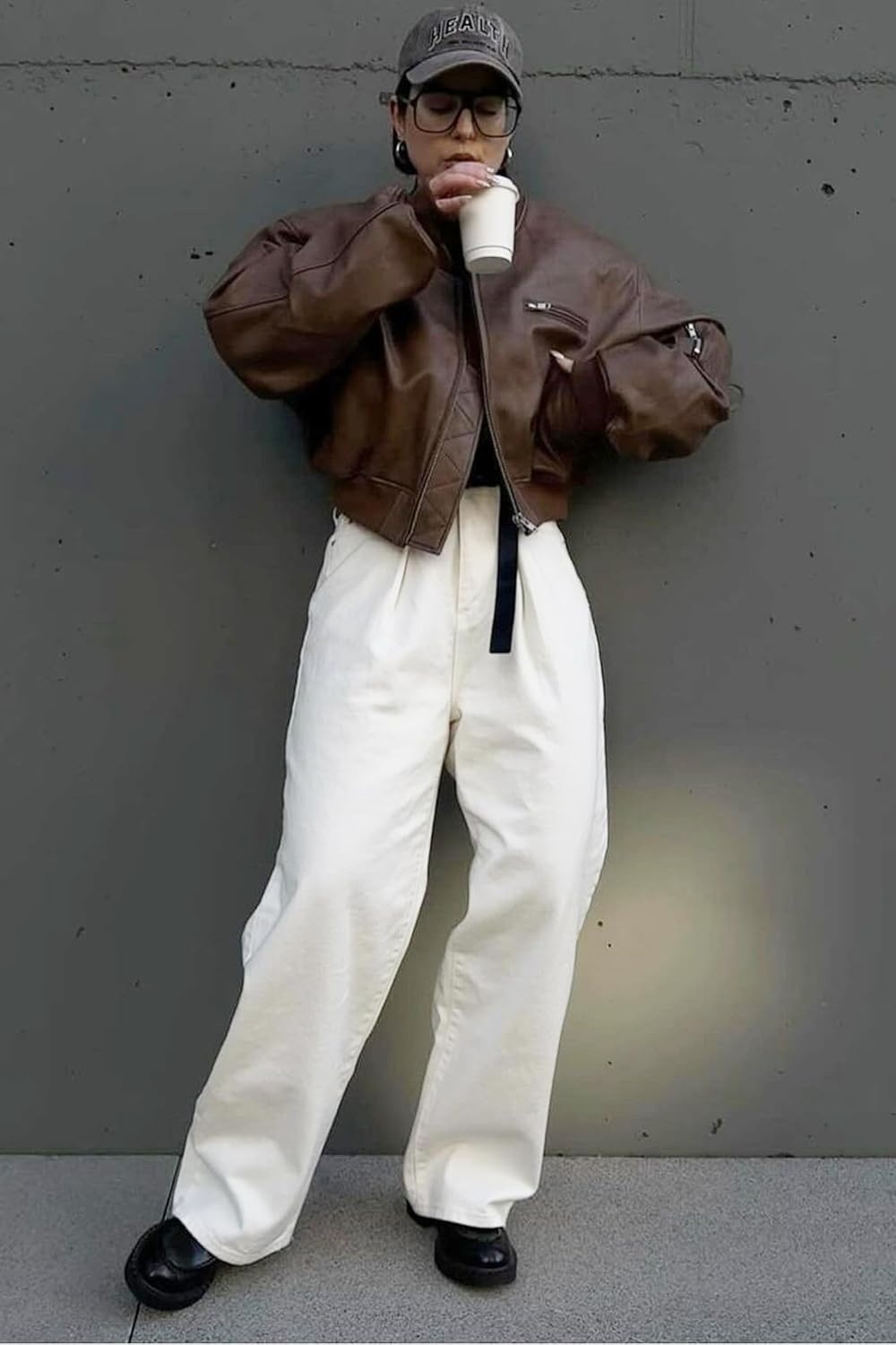 image:imageCicy Bell Womens Faux Leather Bomber Jacket Cropped Biker Coat with Pockets Zip up Boyfriend styleOversizedBrown
