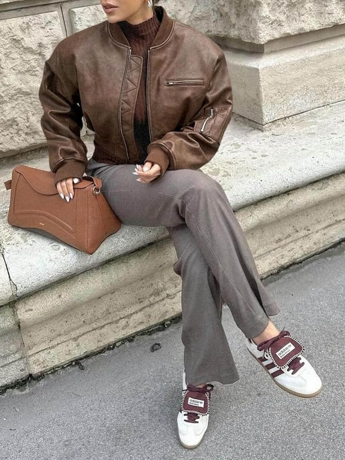 image:imageCicy Bell Womens Faux Leather Bomber Jacket Cropped Biker Coat with Pockets Zip up Boyfriend styleOversizedBrown