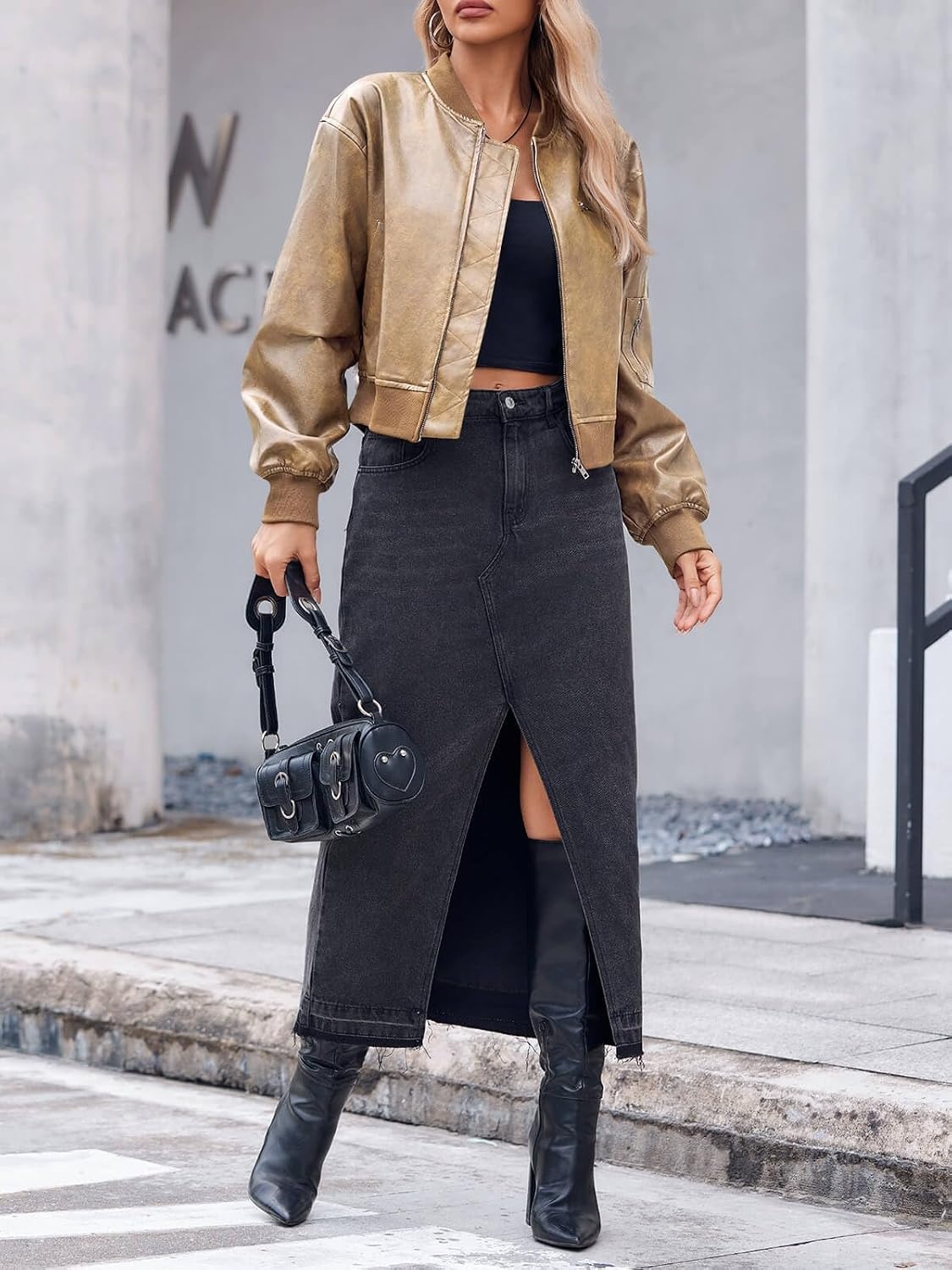 image:imageCicy Bell Womens Faux Leather Bomber Jacket Cropped Biker Coat with Pockets Zip up Boyfriend styleOversizedLight Khaki