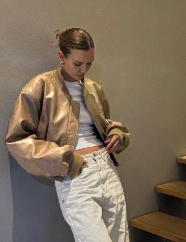 image:imageCicy Bell Womens Faux Leather Bomber Jacket Cropped Biker Coat with Pockets Zip up Boyfriend styleOversizedLight Khaki