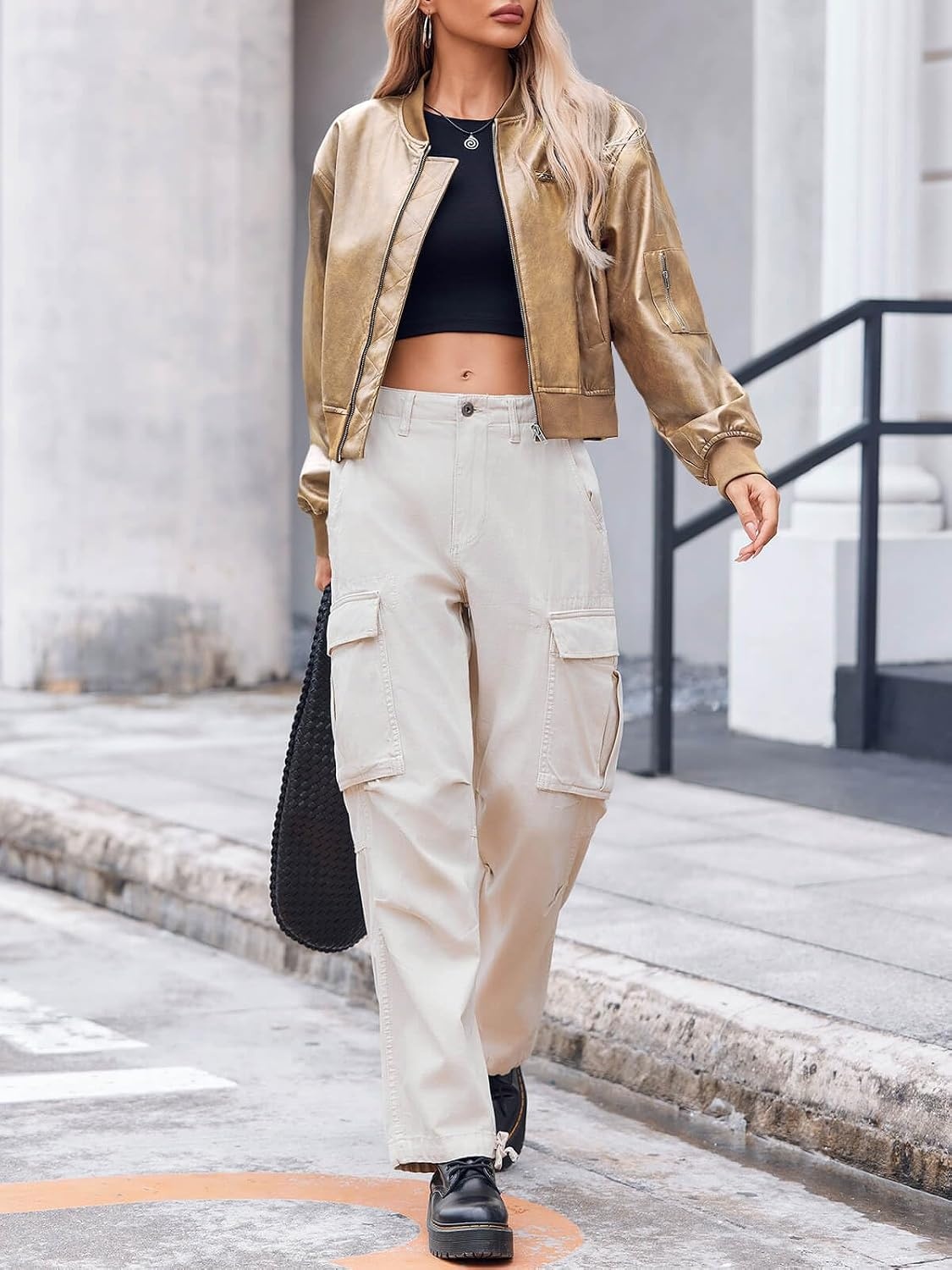 image:imageCicy Bell Womens Faux Leather Bomber Jacket Cropped Biker Coat with Pockets Zip up Boyfriend styleOversizedLight Khaki