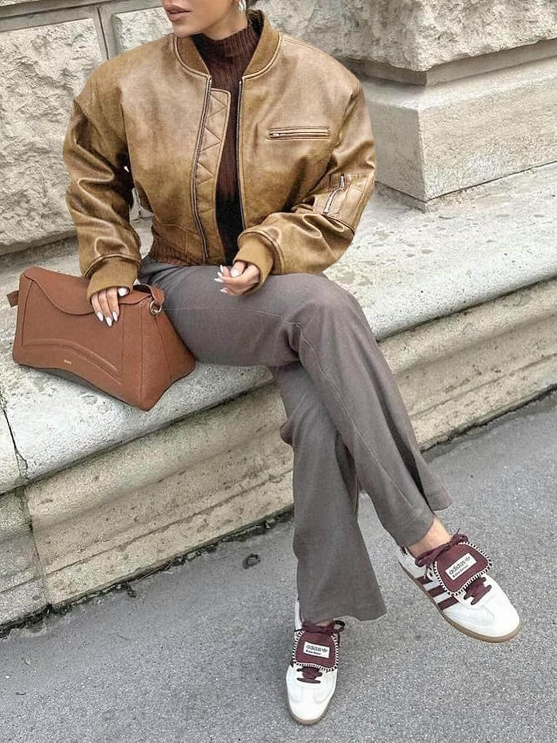 image:imageCicy Bell Womens Faux Leather Bomber Jacket Cropped Biker Coat with Pockets Zip up Boyfriend styleOversizedLight Khaki
