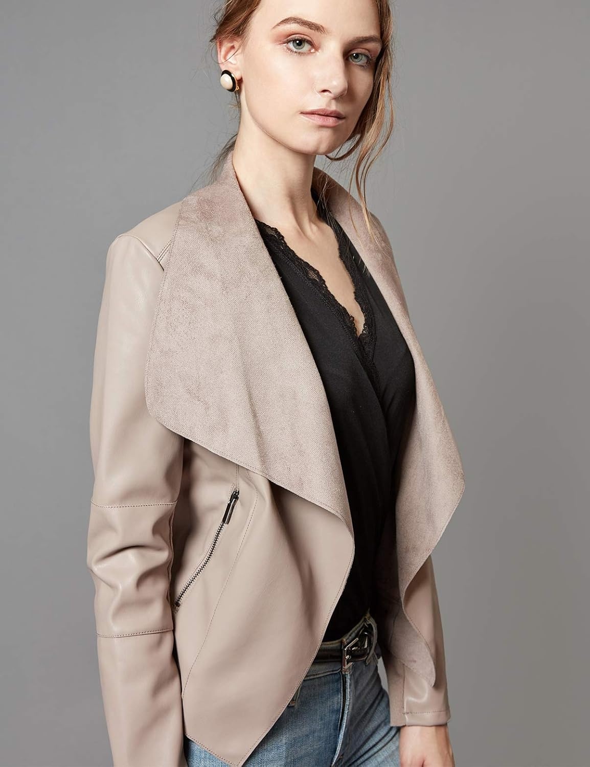 image:imageEscalier Womens Faux Leather Jacket Slim Open Front Lapel Blazer Jackets Soft and Flattering Cropped Design 2 Pockets with Metal Zippers Easy Layering Professional or Casual Going Out OutfitsKhaki