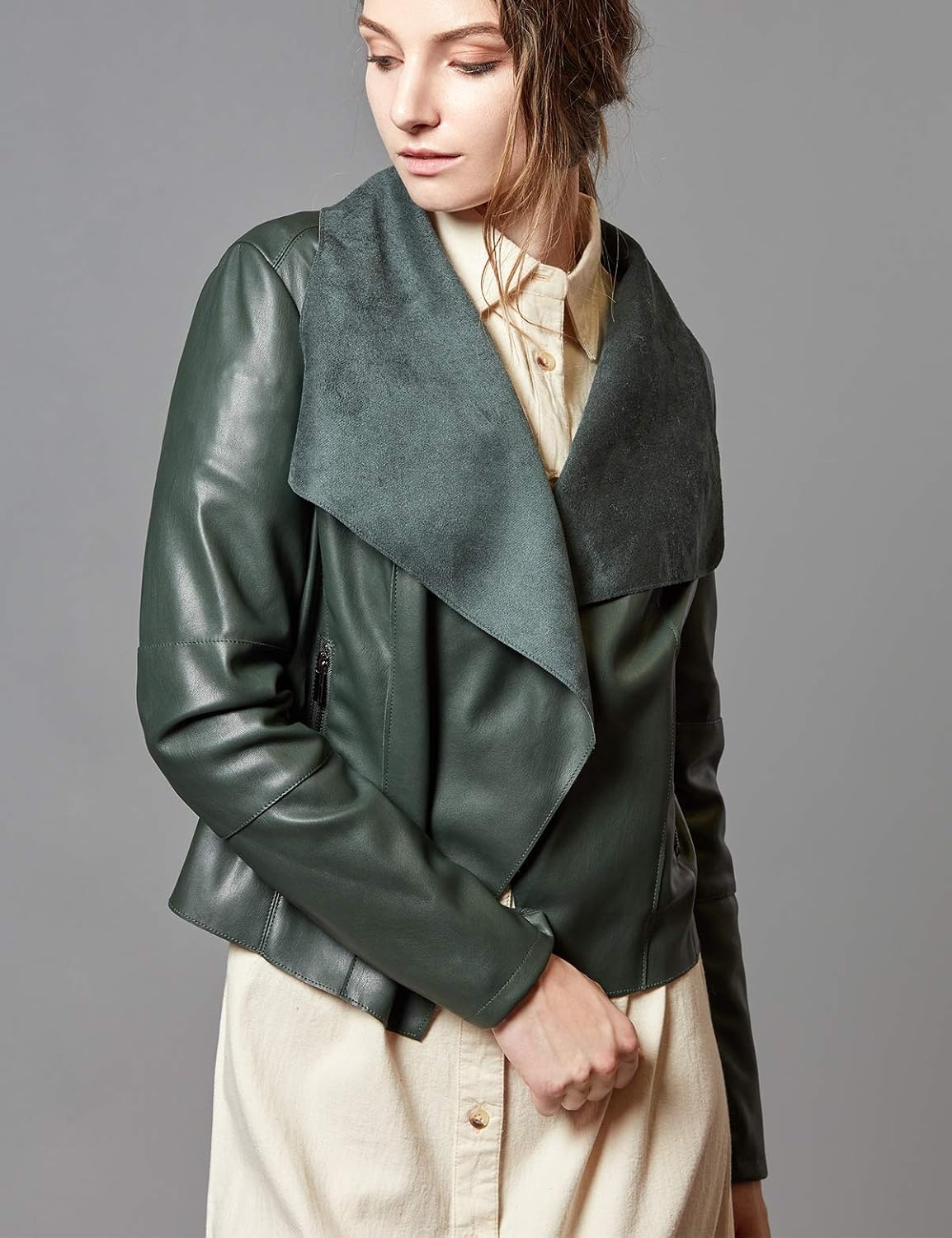 image:imageEscalier Womens Faux Leather Jacket Slim Open Front Lapel Blazer Jackets Soft and Flattering Cropped Design 2 Pockets with Metal Zippers Easy Layering Professional or Casual Going Out OutfitsGreen