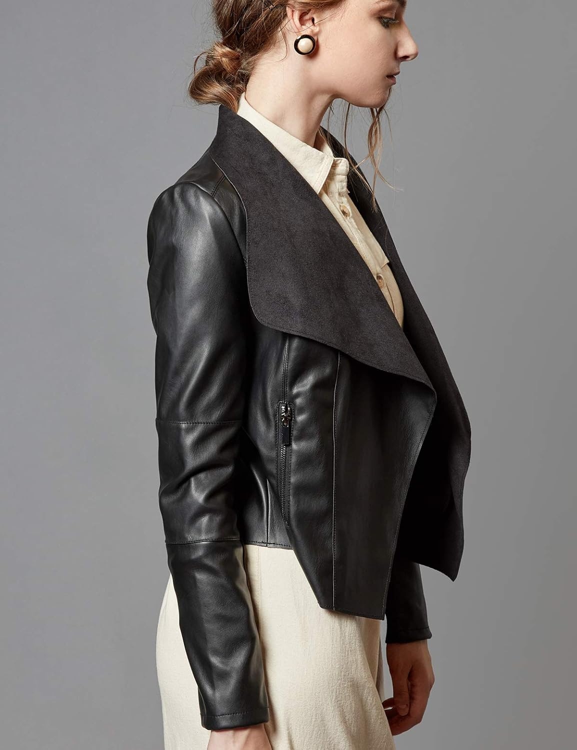 image:imageEscalier Womens Faux Leather Jacket Slim Open Front Lapel Blazer Jackets Soft and Flattering Cropped Design 2 Pockets with Metal Zippers Easy Layering Professional or Casual Going Out OutfitsBlack