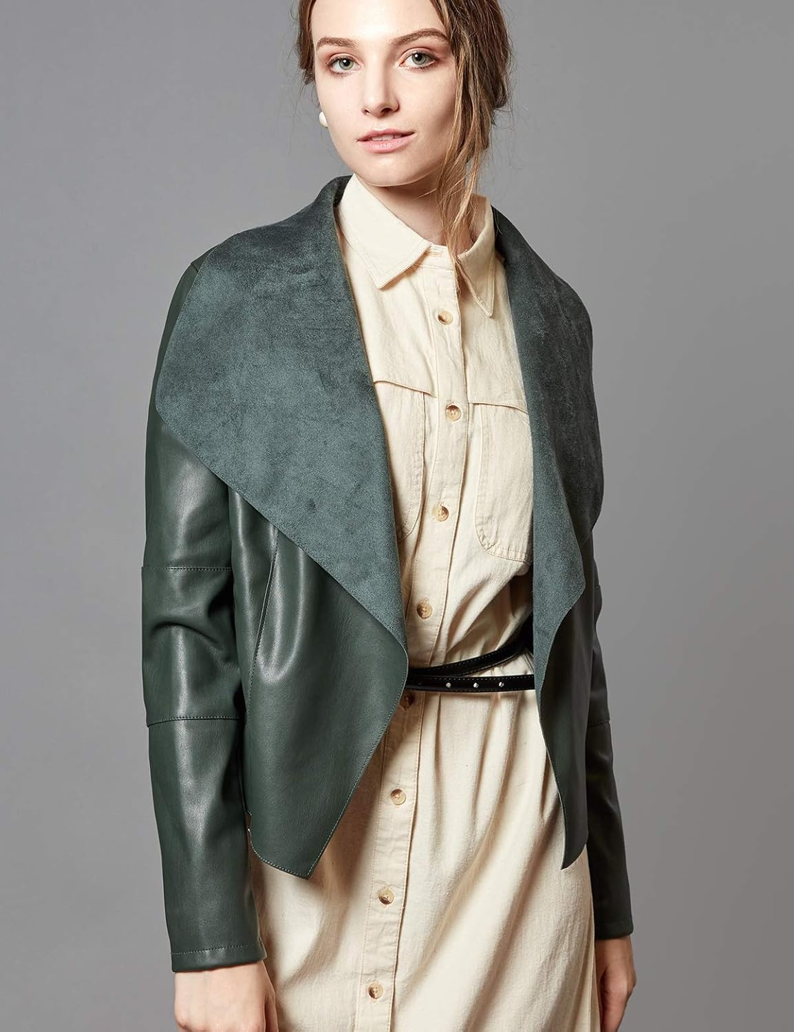 image:imageEscalier Womens Faux Leather Jacket Slim Open Front Lapel Blazer Jackets Soft and Flattering Cropped Design 2 Pockets with Metal Zippers Easy Layering Professional or Casual Going Out OutfitsGreen