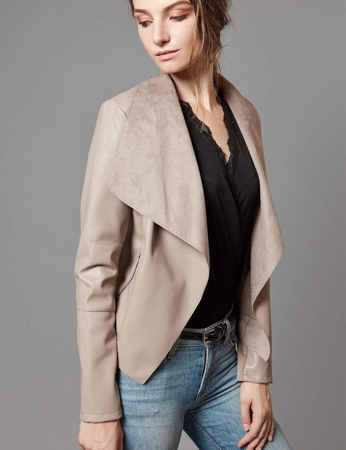 image:imageEscalier Womens Faux Leather Jacket Slim Open Front Lapel Blazer Jackets Soft and Flattering Cropped Design 2 Pockets with Metal Zippers Easy Layering Professional or Casual Going Out OutfitsKhaki