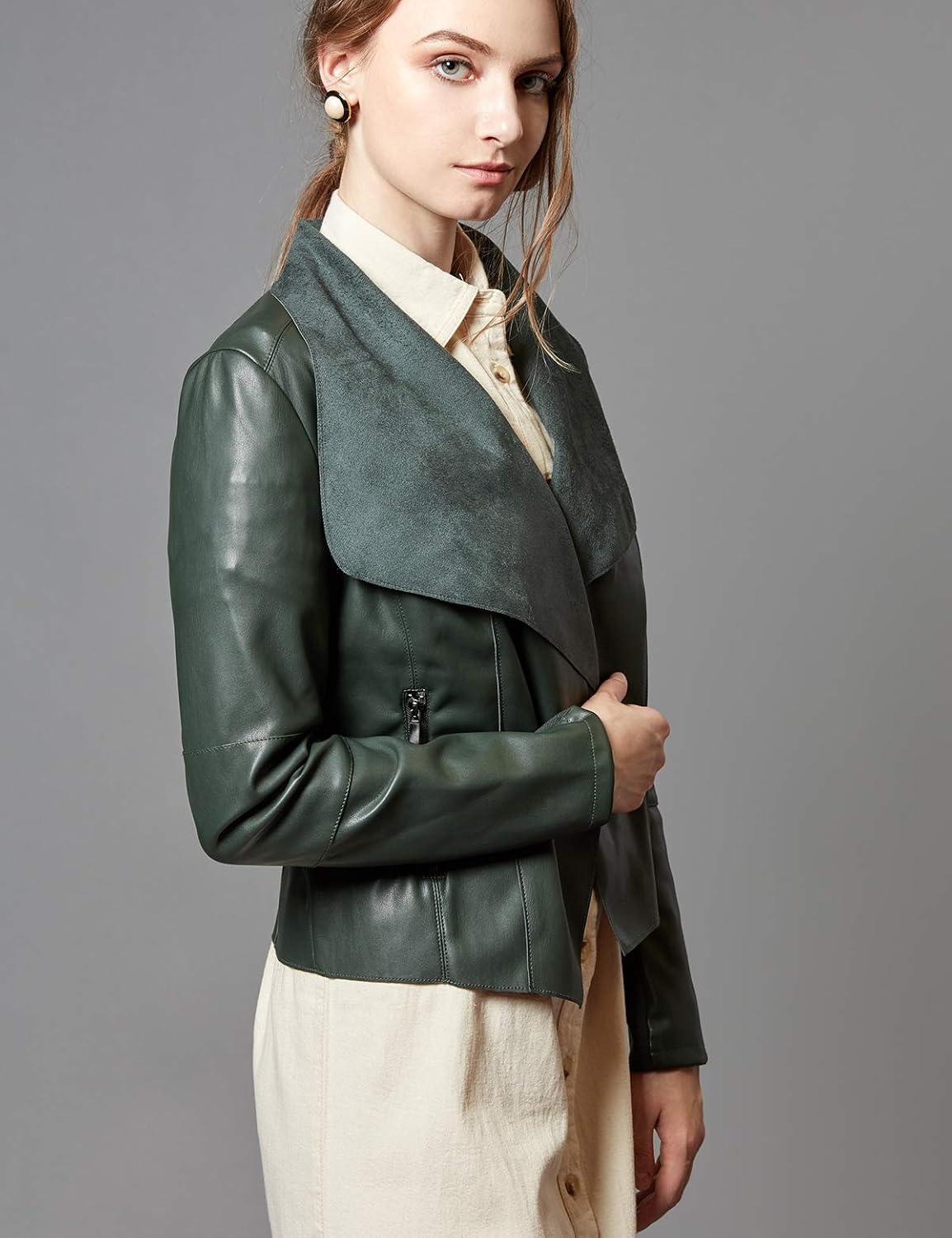 image:imageEscalier Womens Faux Leather Jacket Slim Open Front Lapel Blazer Jackets Soft and Flattering Cropped Design 2 Pockets with Metal Zippers Easy Layering Professional or Casual Going Out OutfitsGreen