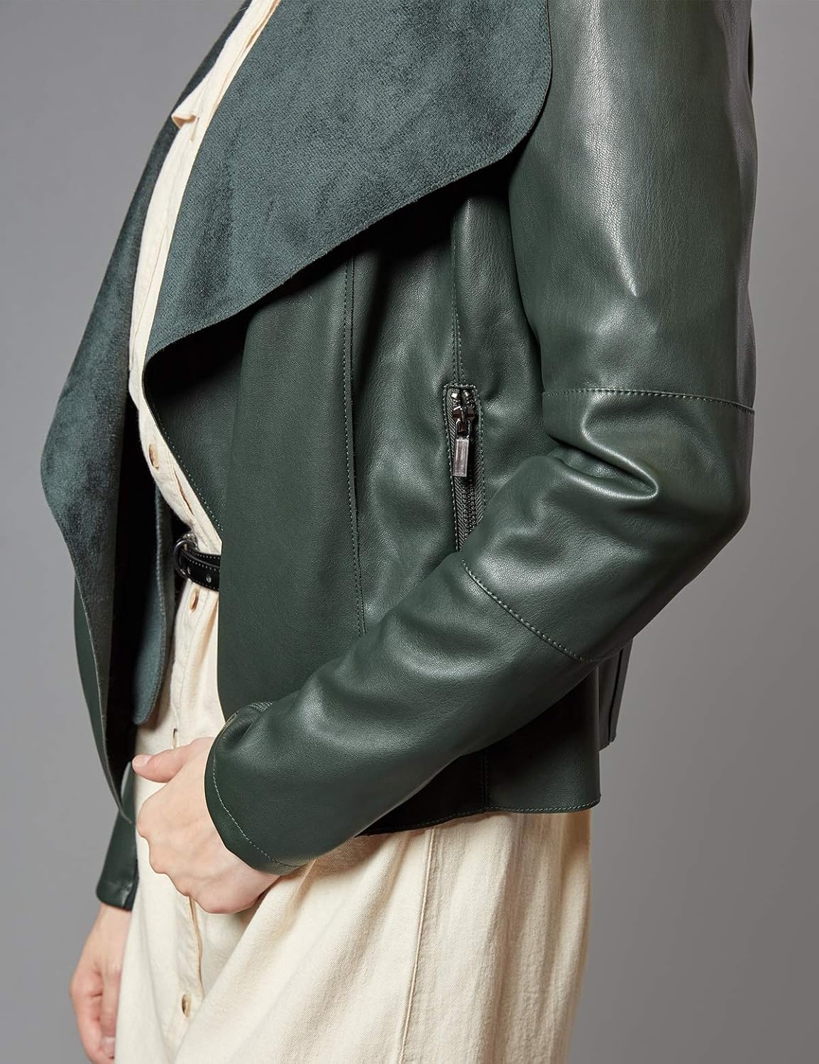 image:imageEscalier Womens Faux Leather Jacket Slim Open Front Lapel Blazer Jackets Soft and Flattering Cropped Design 2 Pockets with Metal Zippers Easy Layering Professional or Casual Going Out OutfitsGreen
