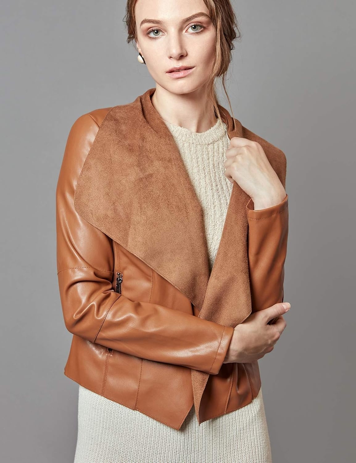 image:imageEscalier Womens Faux Leather Jacket Slim Open Front Lapel Blazer Jackets Soft and Flattering Cropped Design 2 Pockets with Metal Zippers Easy Layering Professional or Casual Going Out OutfitsBrown