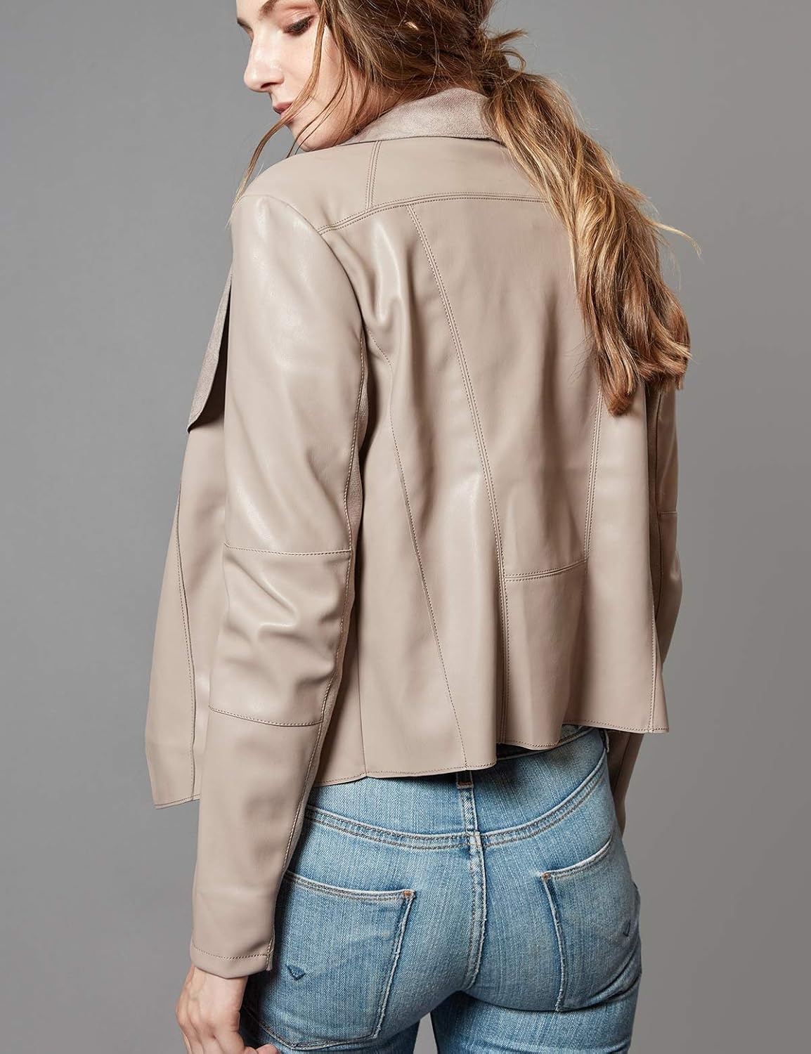 image:imageEscalier Womens Faux Leather Jacket Slim Open Front Lapel Blazer Jackets Soft and Flattering Cropped Design 2 Pockets with Metal Zippers Easy Layering Professional or Casual Going Out OutfitsKhaki