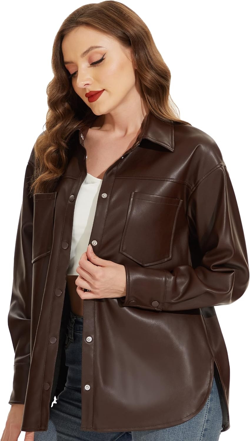 image:imageFahsyee Womens Faux Leather Shacket Loose Fit Shirts Moto Biker Jacket Oversized Faux Leather Blazer Long Sleeve Button Down Casual Jacket Trendy Plus Size Fashion Outfits for WomenChocolate