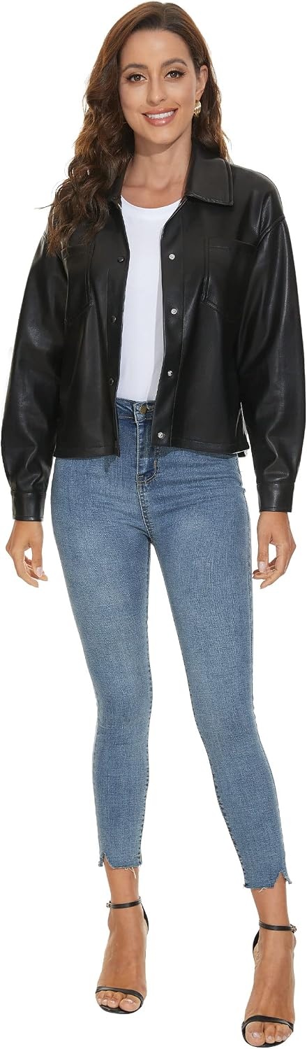 image:imageFahsyee Womens Faux Leather Shacket Loose Fit Shirts Moto Biker Jacket Oversized Faux Leather Blazer Long Sleeve Button Down Casual Jacket Trendy Plus Size Fashion Outfits for WomenJet Black