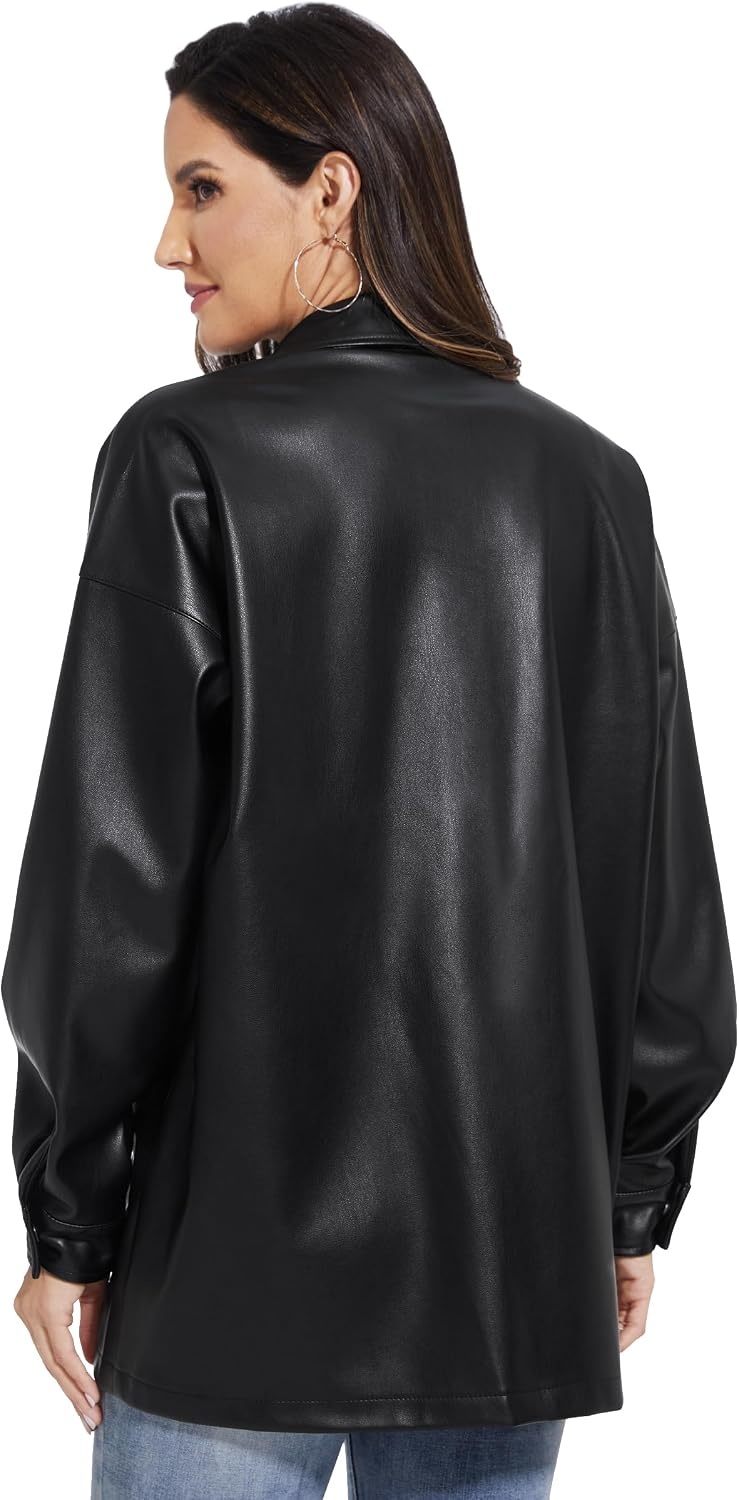 image:imageFahsyee Womens Faux Leather Shacket Loose Fit Shirts Moto Biker Jacket Oversized Faux Leather Blazer Long Sleeve Button Down Casual Jacket Trendy Plus Size Fashion Outfits for WomenBlacknmflanny