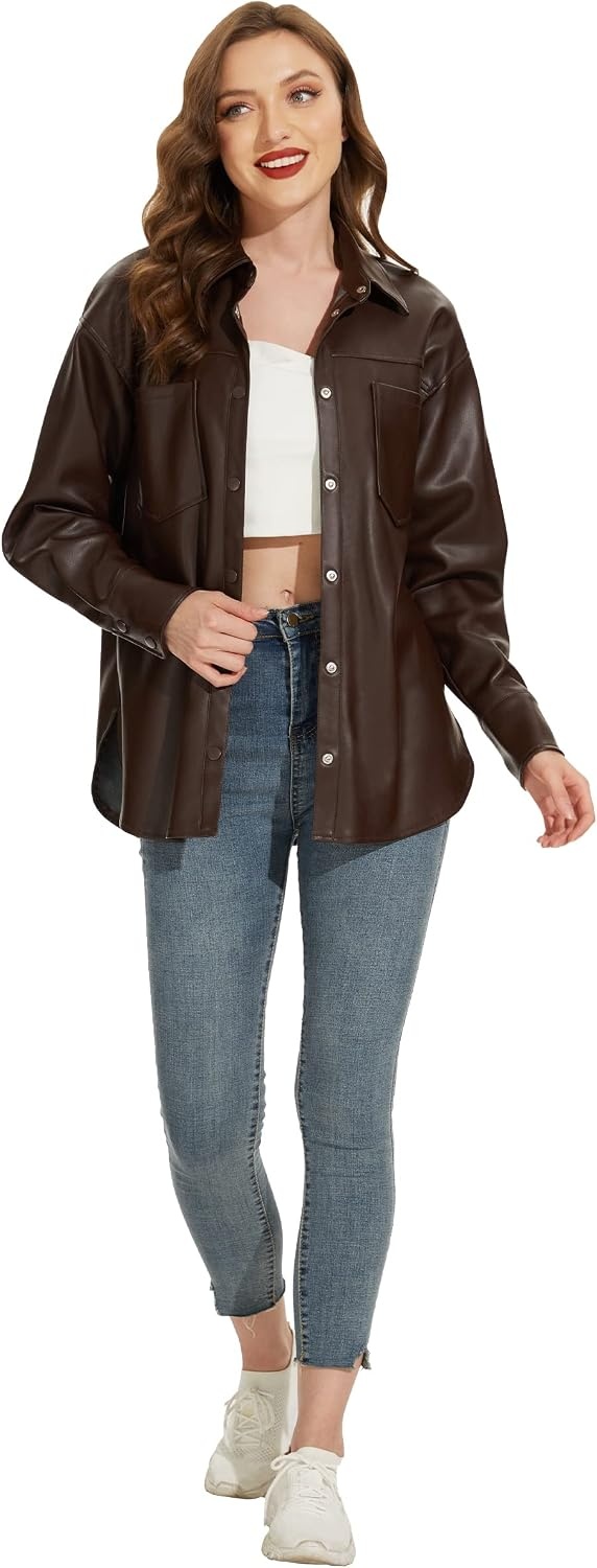 image:imageFahsyee Womens Faux Leather Shacket Loose Fit Shirts Moto Biker Jacket Oversized Faux Leather Blazer Long Sleeve Button Down Casual Jacket Trendy Plus Size Fashion Outfits for WomenChocolate