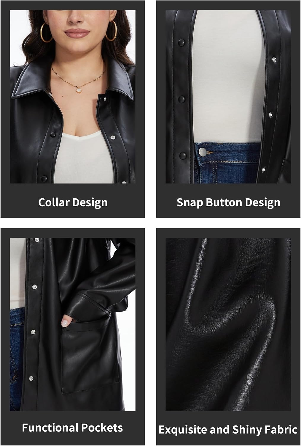 image:imageFahsyee Womens Faux Leather Shacket Loose Fit Shirts Moto Biker Jacket Oversized Faux Leather Blazer Long Sleeve Button Down Casual Jacket Trendy Plus Size Fashion Outfits for WomenBlackfp