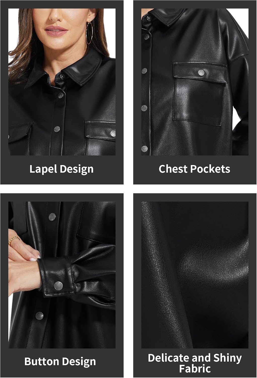 image:imageFahsyee Womens Faux Leather Shacket Loose Fit Shirts Moto Biker Jacket Oversized Faux Leather Blazer Long Sleeve Button Down Casual Jacket Trendy Plus Size Fashion Outfits for WomenBlacknmflanny