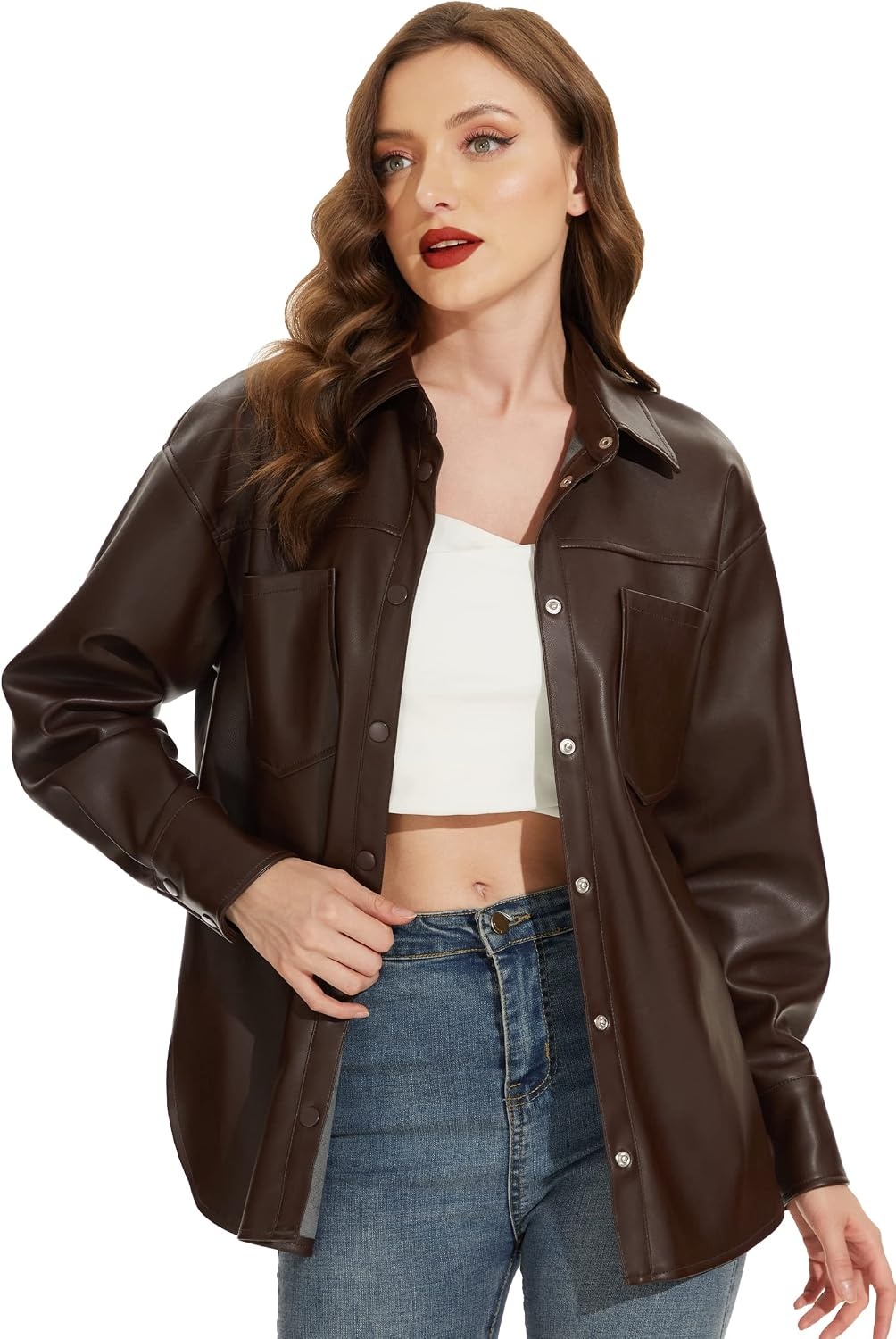 image:imageFahsyee Womens Faux Leather Shacket Loose Fit Shirts Moto Biker Jacket Oversized Faux Leather Blazer Long Sleeve Button Down Casual Jacket Trendy Plus Size Fashion Outfits for WomenChocolate