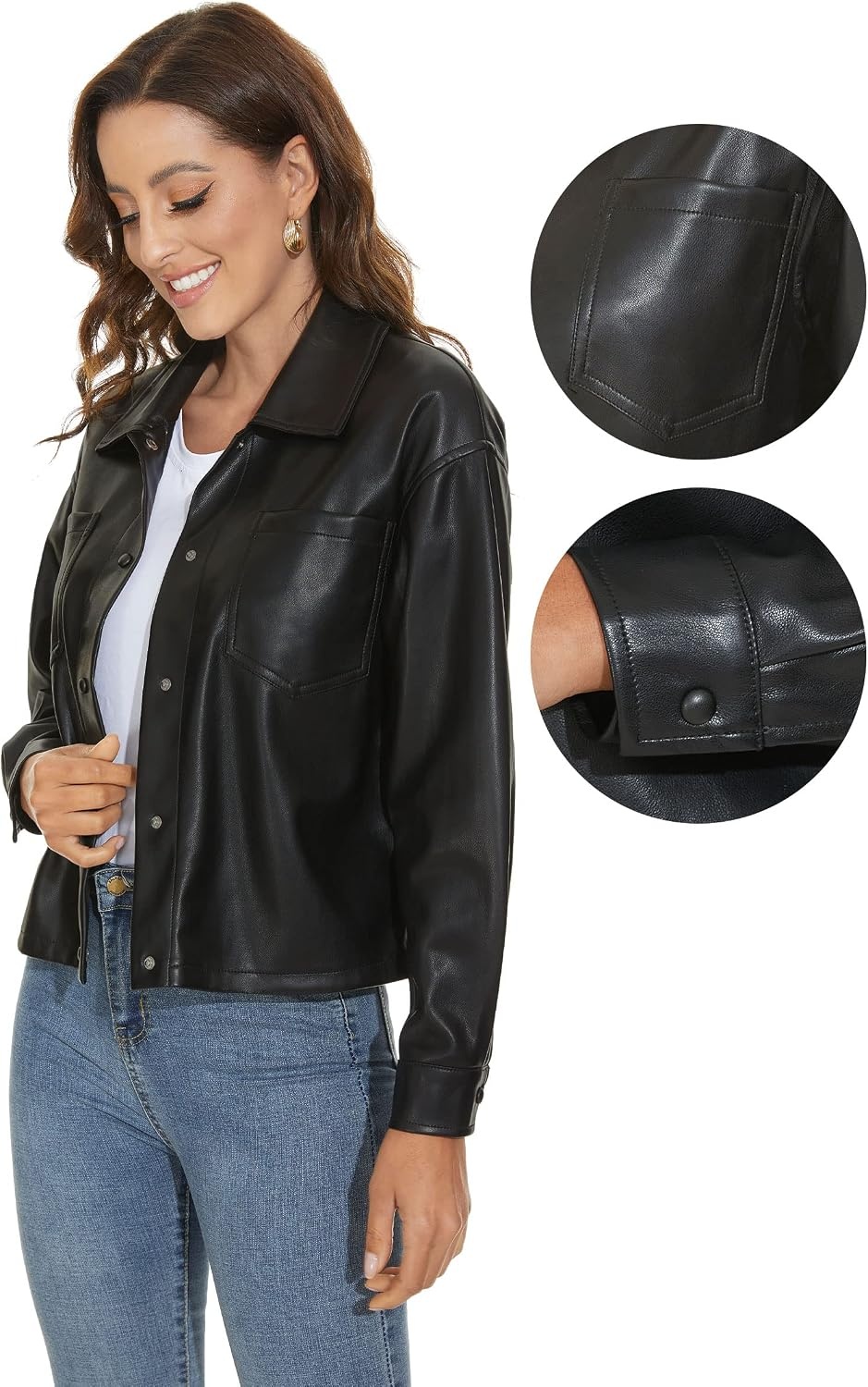 image:imageFahsyee Womens Faux Leather Shacket Loose Fit Shirts Moto Biker Jacket Oversized Faux Leather Blazer Long Sleeve Button Down Casual Jacket Trendy Plus Size Fashion Outfits for WomenJet Black