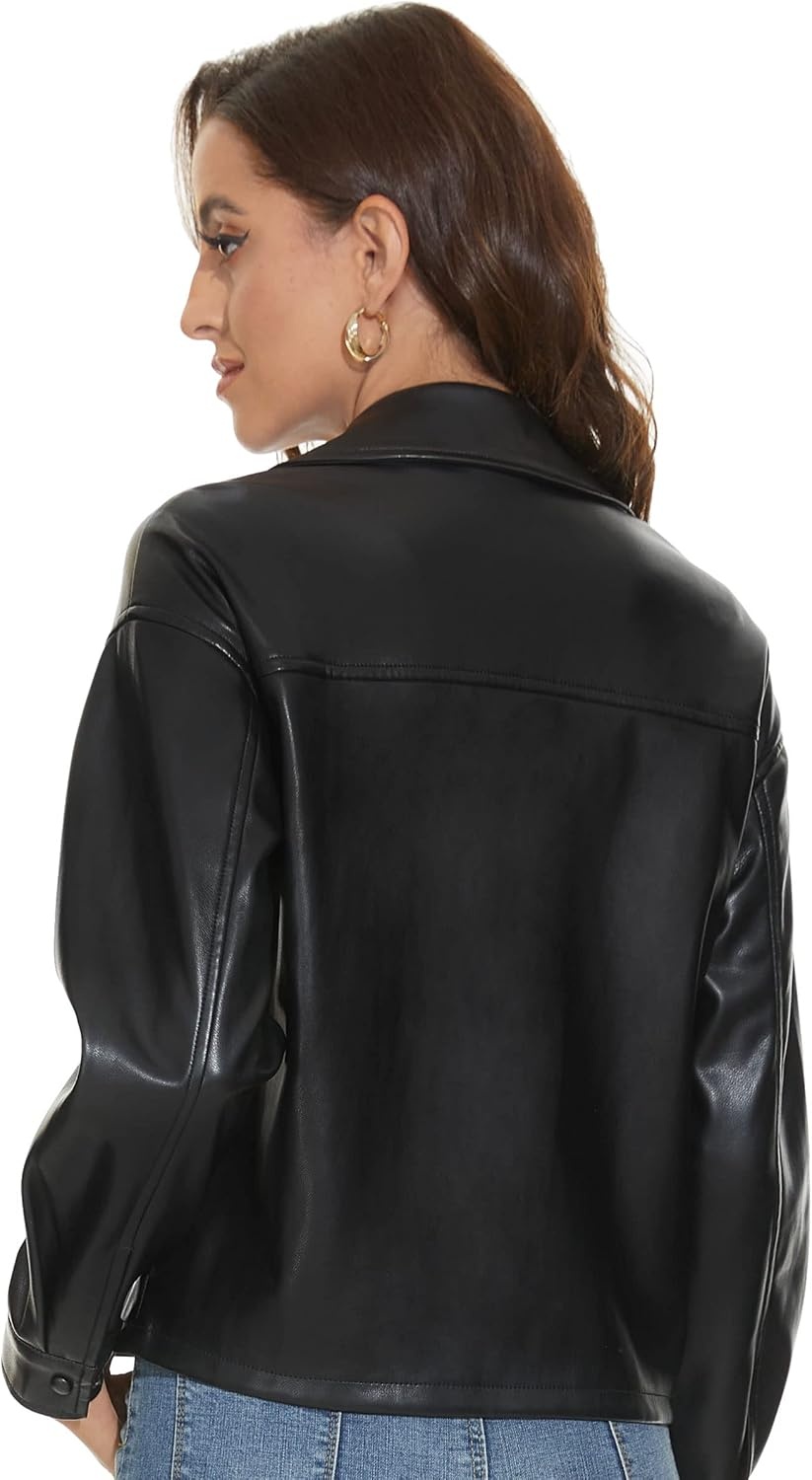 image:imageFahsyee Womens Faux Leather Shacket Loose Fit Shirts Moto Biker Jacket Oversized Faux Leather Blazer Long Sleeve Button Down Casual Jacket Trendy Plus Size Fashion Outfits for WomenJet Black