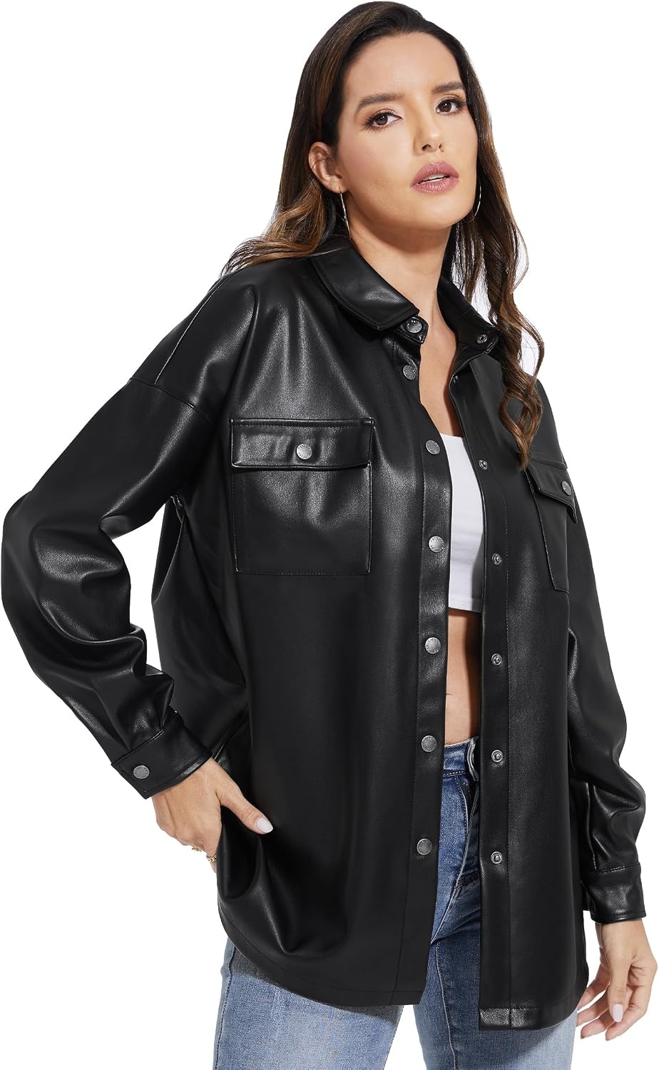 image:imageFahsyee Womens Faux Leather Shacket Loose Fit Shirts Moto Biker Jacket Oversized Faux Leather Blazer Long Sleeve Button Down Casual Jacket Trendy Plus Size Fashion Outfits for WomenBlacknmflanny