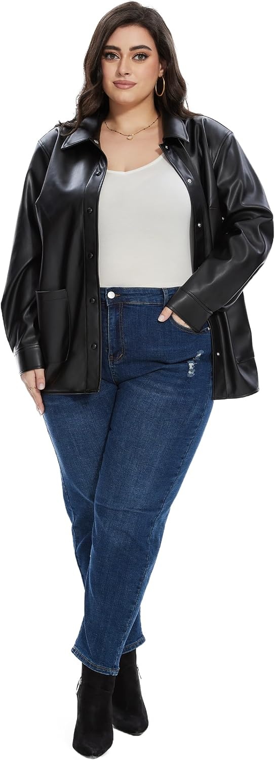 image:imageFahsyee Womens Faux Leather Shacket Loose Fit Shirts Moto Biker Jacket Oversized Faux Leather Blazer Long Sleeve Button Down Casual Jacket Trendy Plus Size Fashion Outfits for WomenBlackfp