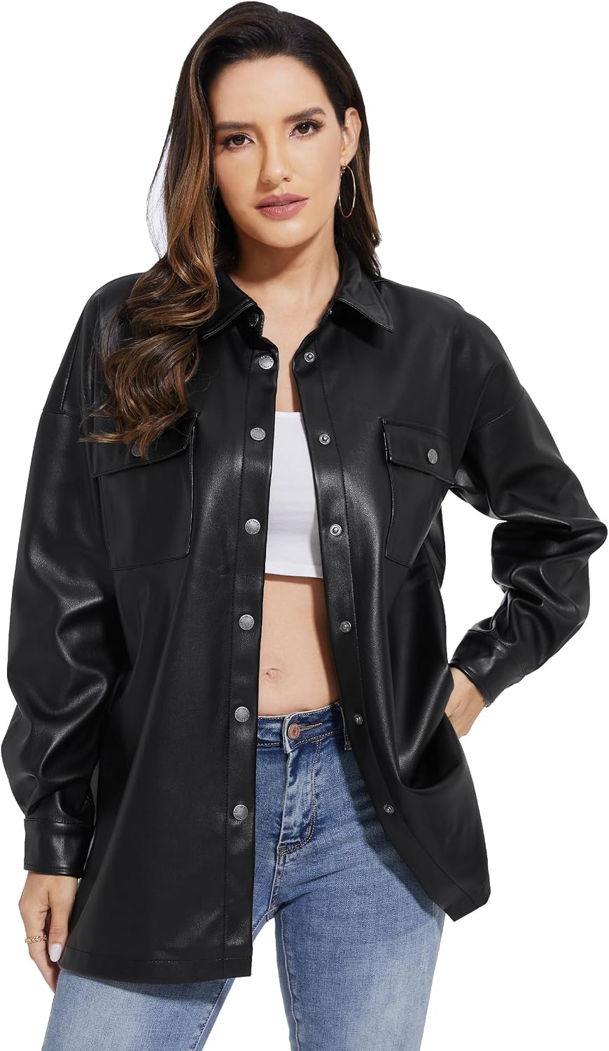 image:imageFahsyee Womens Faux Leather Shacket Loose Fit Shirts Moto Biker Jacket Oversized Faux Leather Blazer Long Sleeve Button Down Casual Jacket Trendy Plus Size Fashion Outfits for WomenBlacknmflanny