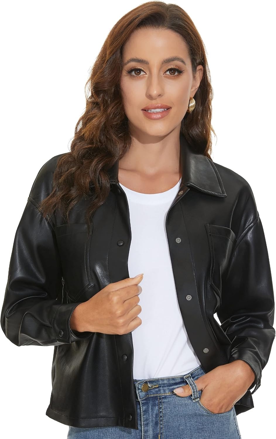 image:imageFahsyee Womens Faux Leather Shacket Loose Fit Shirts Moto Biker Jacket Oversized Faux Leather Blazer Long Sleeve Button Down Casual Jacket Trendy Plus Size Fashion Outfits for WomenJet Black