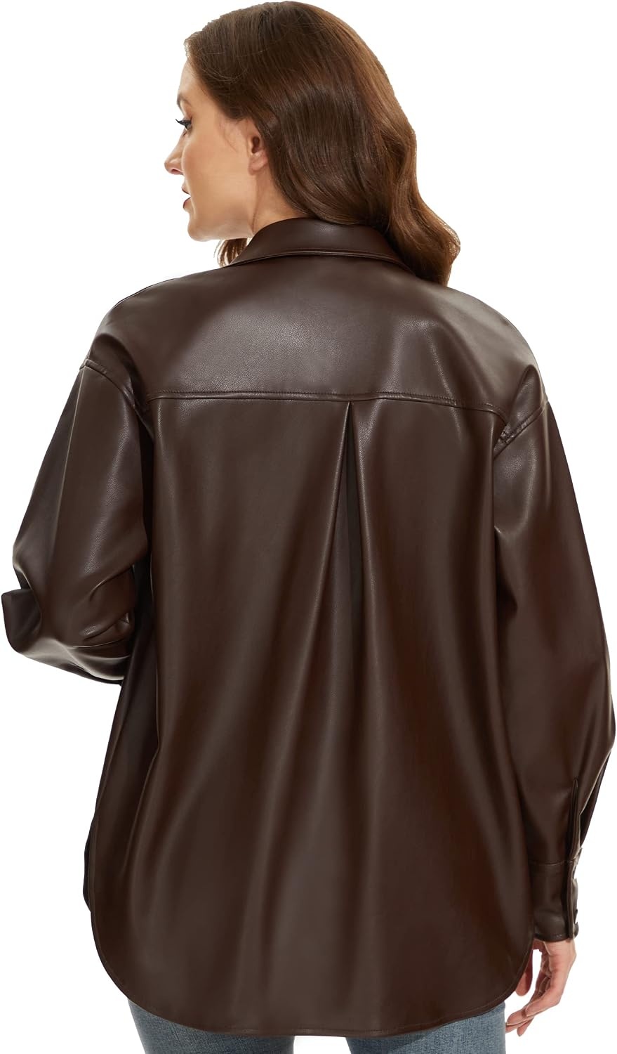 image:imageFahsyee Womens Faux Leather Shacket Loose Fit Shirts Moto Biker Jacket Oversized Faux Leather Blazer Long Sleeve Button Down Casual Jacket Trendy Plus Size Fashion Outfits for WomenChocolate