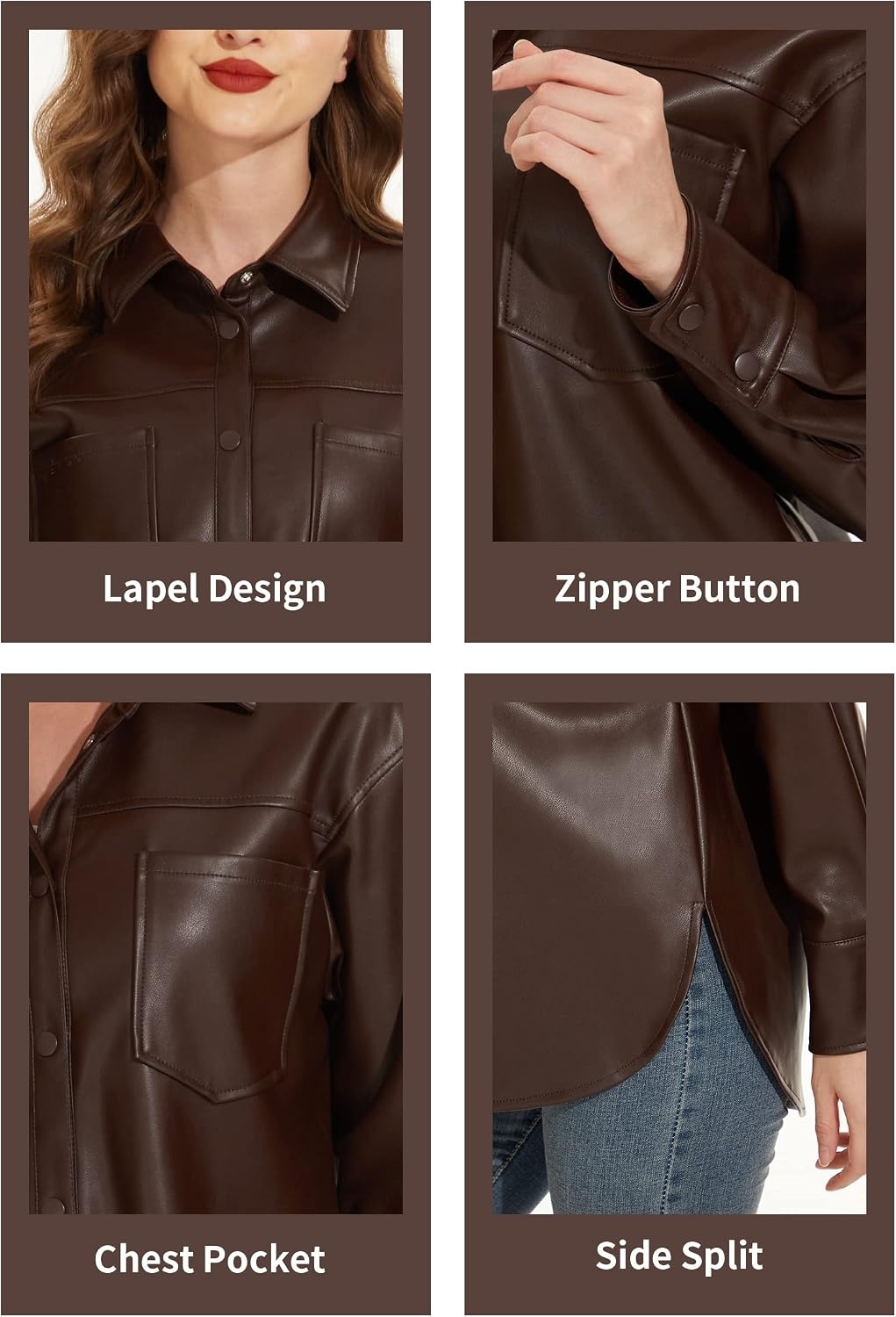 image:imageFahsyee Womens Faux Leather Shacket Loose Fit Shirts Moto Biker Jacket Oversized Faux Leather Blazer Long Sleeve Button Down Casual Jacket Trendy Plus Size Fashion Outfits for WomenChocolate