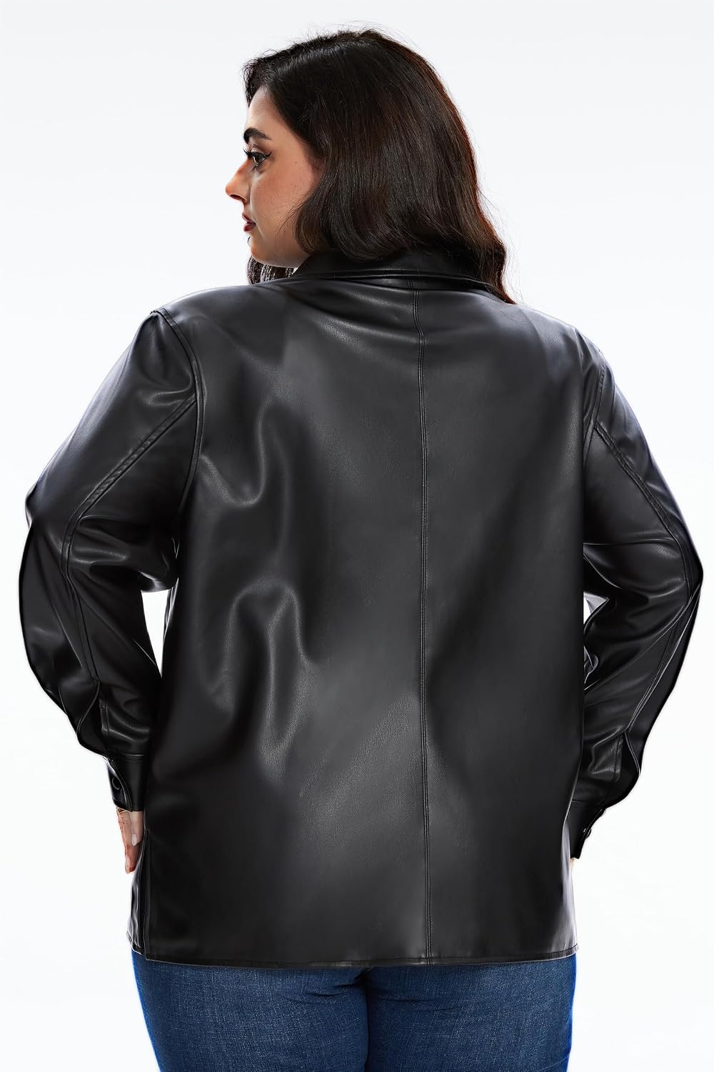 image:imageFahsyee Womens Faux Leather Shacket Loose Fit Shirts Moto Biker Jacket Oversized Faux Leather Blazer Long Sleeve Button Down Casual Jacket Trendy Plus Size Fashion Outfits for WomenBlackfp