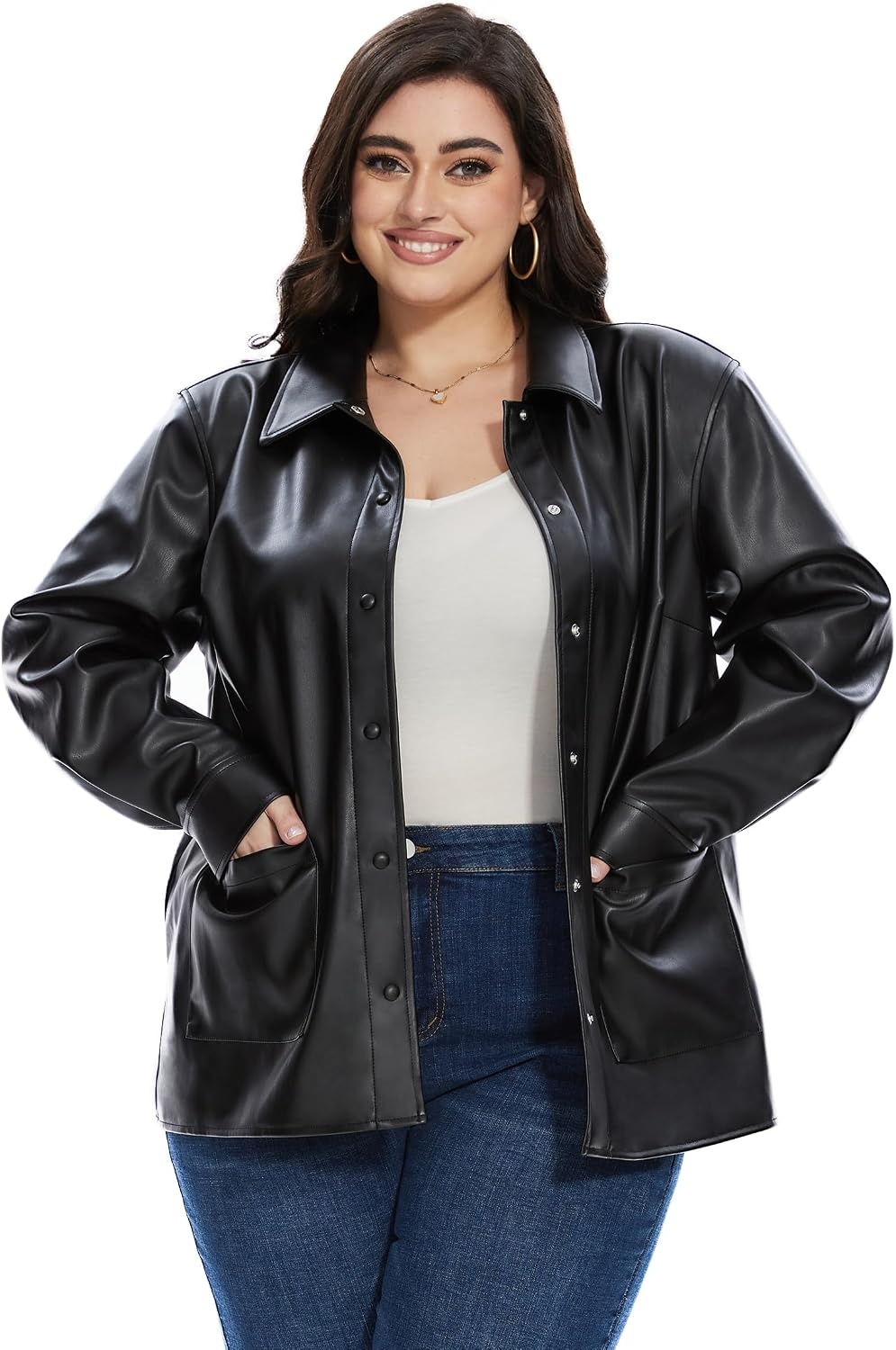 image:imageFahsyee Womens Faux Leather Shacket Loose Fit Shirts Moto Biker Jacket Oversized Faux Leather Blazer Long Sleeve Button Down Casual Jacket Trendy Plus Size Fashion Outfits for WomenBlackfp