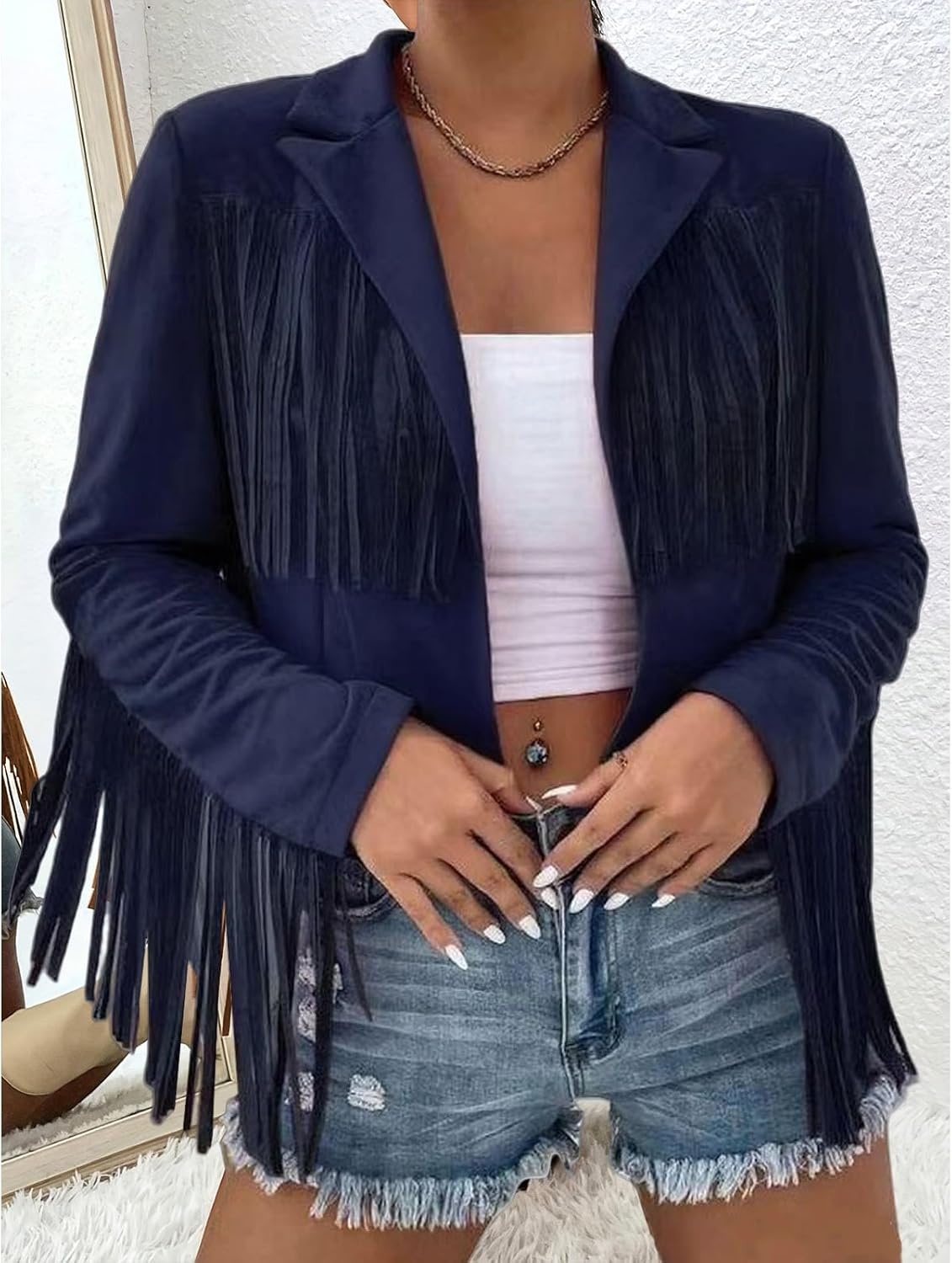 image:imageFringe Jacket Women Faux Suede Leather Jackets Vintage Tassel Cowgirl Coat Tassel Motorcycle Cropped Coats Casual Open Front Western Tassel Coat Long Sleeve Fall Winter Jacket OutwearNavy