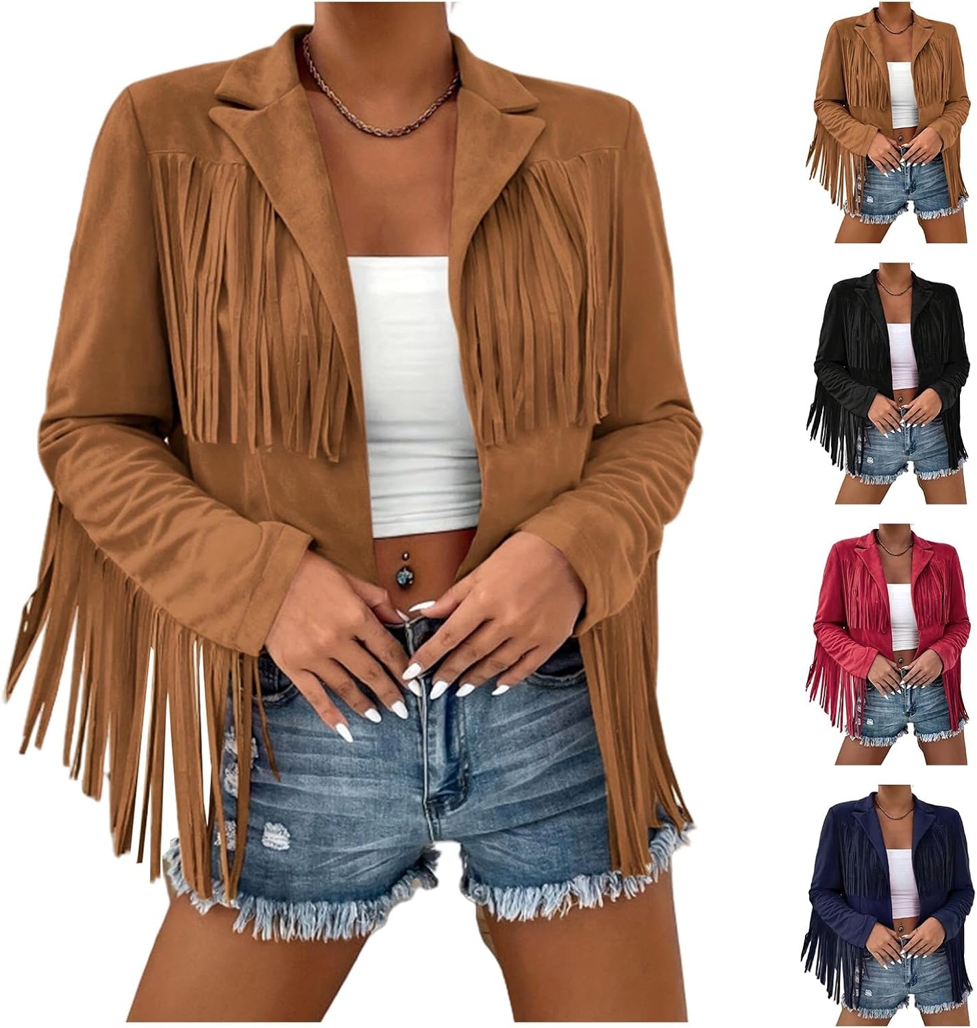 image:imageFringe Jacket Women Faux Suede Leather Jackets Vintage Tassel Cowgirl Coat Tassel Motorcycle Cropped Coats Casual Open Front Western Tassel Coat Long Sleeve Fall Winter Jacket OutwearBlack