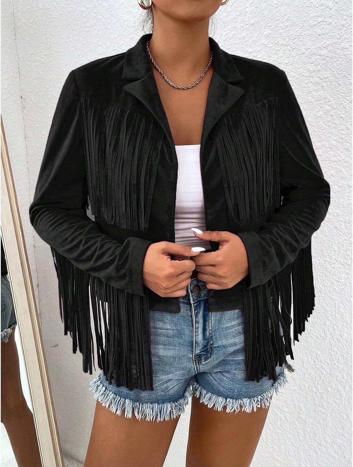 image:imageFringe Jacket Women Faux Suede Leather Jackets Vintage Tassel Cowgirl Coat Tassel Motorcycle Cropped Coats Casual Open Front Western Tassel Coat Long Sleeve Fall Winter Jacket OutwearBlack