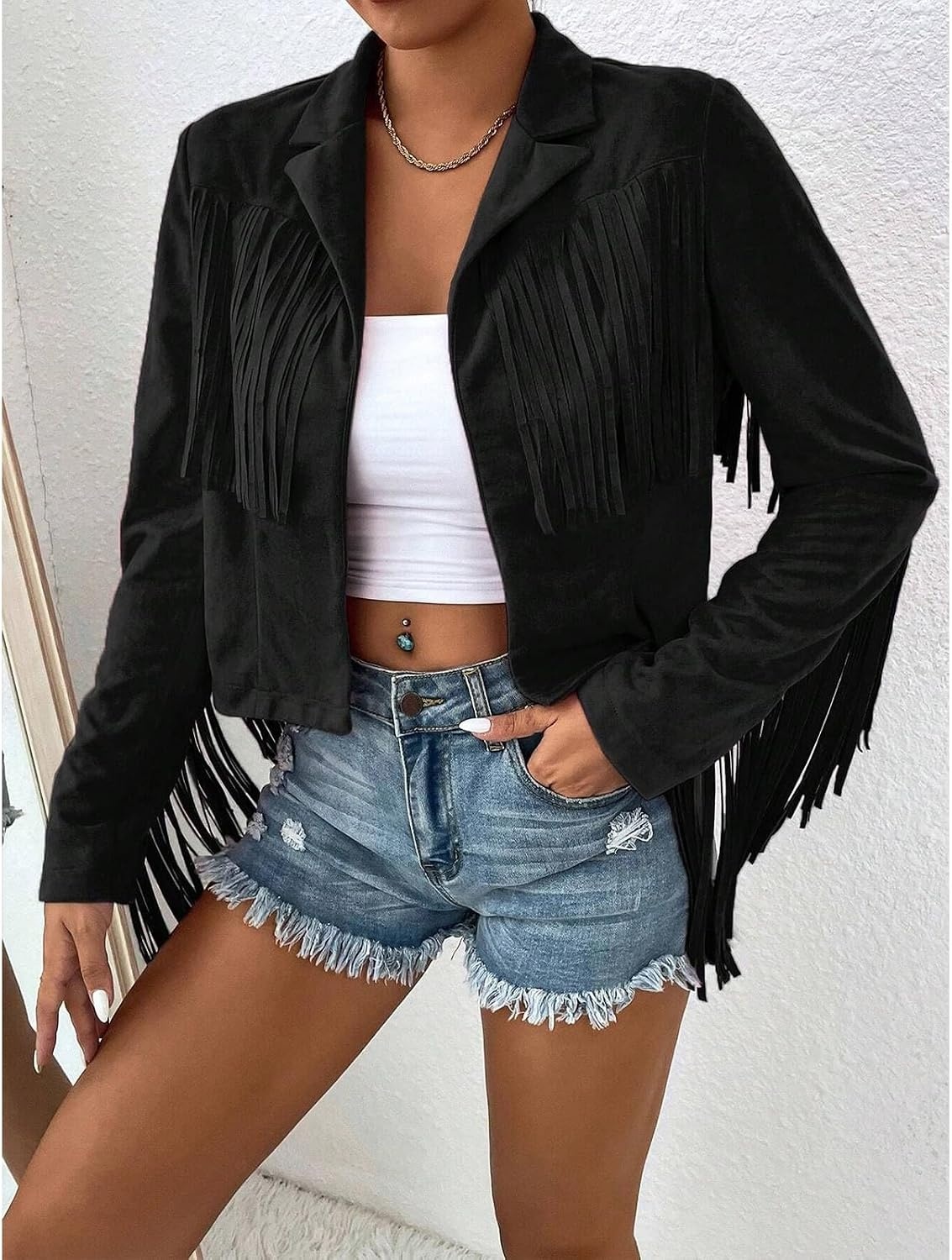 image:imageFringe Jacket Women Faux Suede Leather Jackets Vintage Tassel Cowgirl Coat Tassel Motorcycle Cropped Coats Casual Open Front Western Tassel Coat Long Sleeve Fall Winter Jacket OutwearBlack