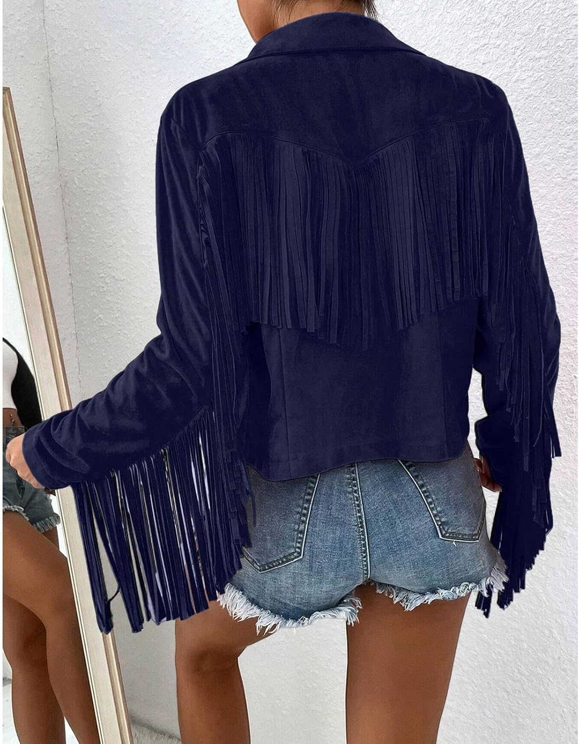 image:imageFringe Jacket Women Faux Suede Leather Jackets Vintage Tassel Cowgirl Coat Tassel Motorcycle Cropped Coats Casual Open Front Western Tassel Coat Long Sleeve Fall Winter Jacket OutwearNavy