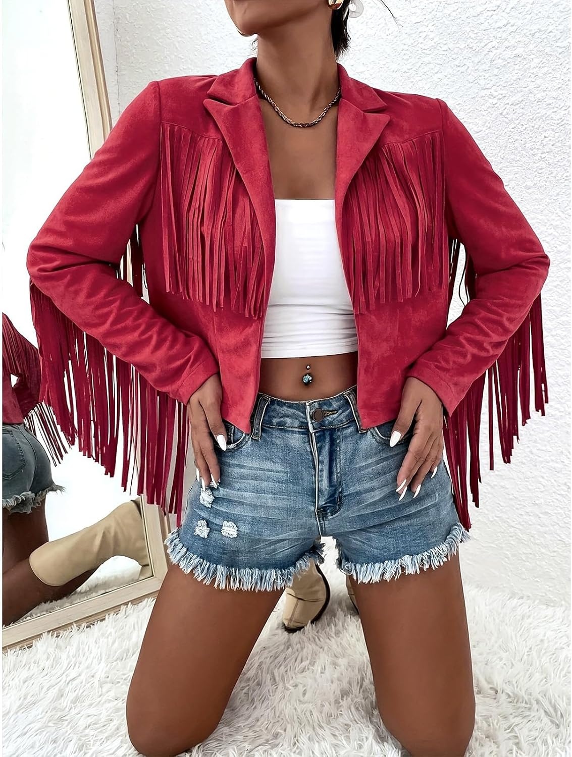 image:imageFringe Jacket Women Faux Suede Leather Jackets Vintage Tassel Cowgirl Coat Tassel Motorcycle Cropped Coats Casual Open Front Western Tassel Coat Long Sleeve Fall Winter Jacket OutwearHot Pink