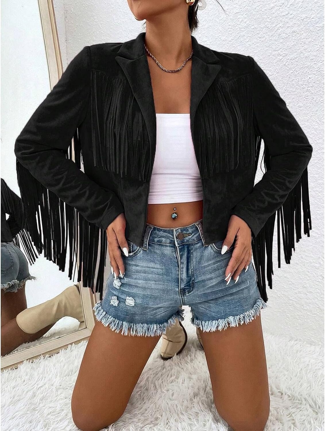 image:imageFringe Jacket Women Faux Suede Leather Jackets Vintage Tassel Cowgirl Coat Tassel Motorcycle Cropped Coats Casual Open Front Western Tassel Coat Long Sleeve Fall Winter Jacket OutwearBlack