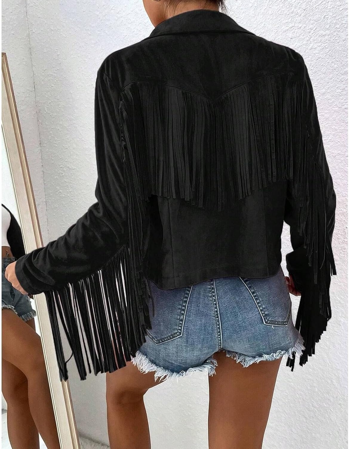 image:imageFringe Jacket Women Faux Suede Leather Jackets Vintage Tassel Cowgirl Coat Tassel Motorcycle Cropped Coats Casual Open Front Western Tassel Coat Long Sleeve Fall Winter Jacket OutwearBlack