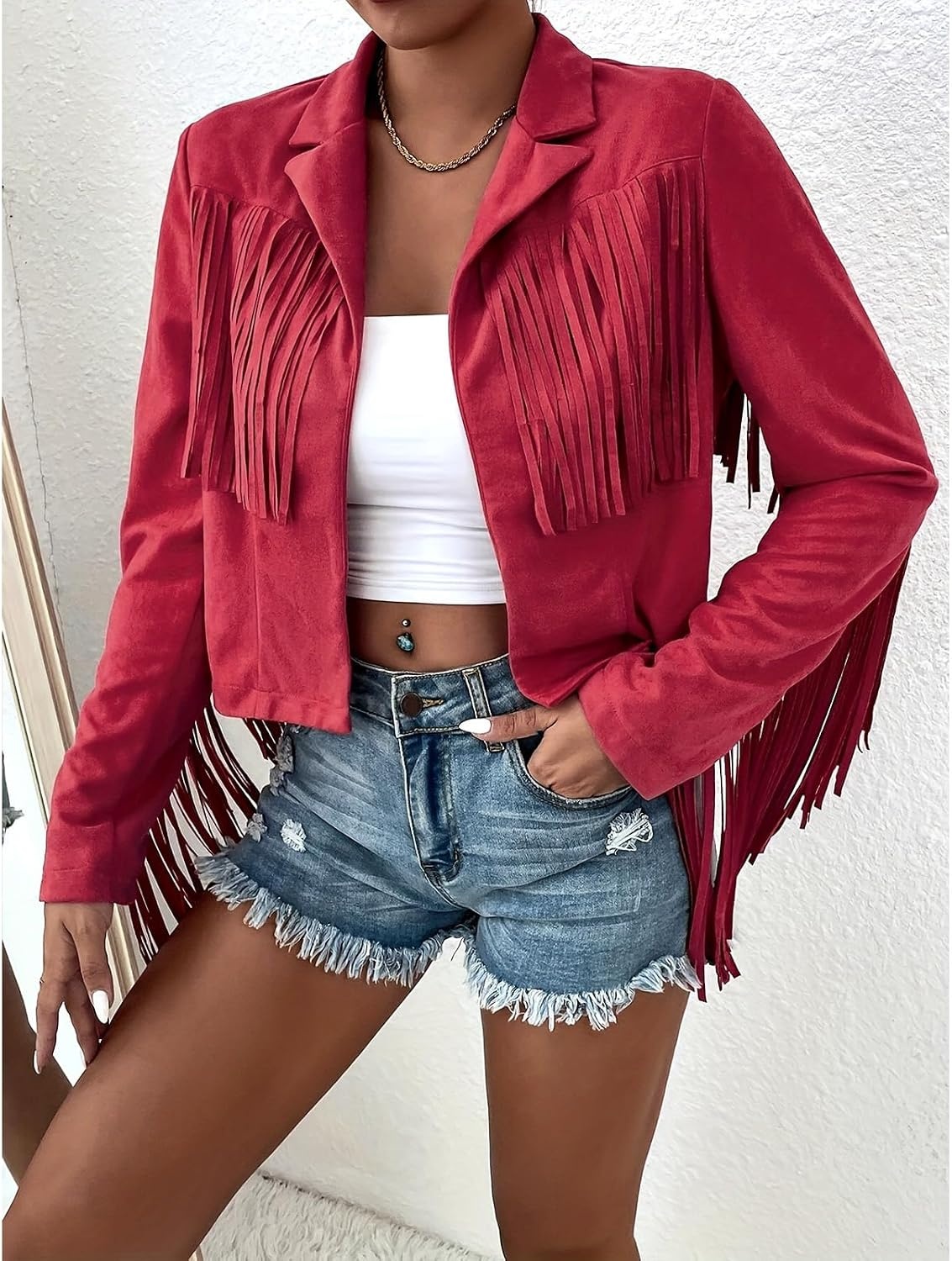 image:imageFringe Jacket Women Faux Suede Leather Jackets Vintage Tassel Cowgirl Coat Tassel Motorcycle Cropped Coats Casual Open Front Western Tassel Coat Long Sleeve Fall Winter Jacket OutwearHot Pink