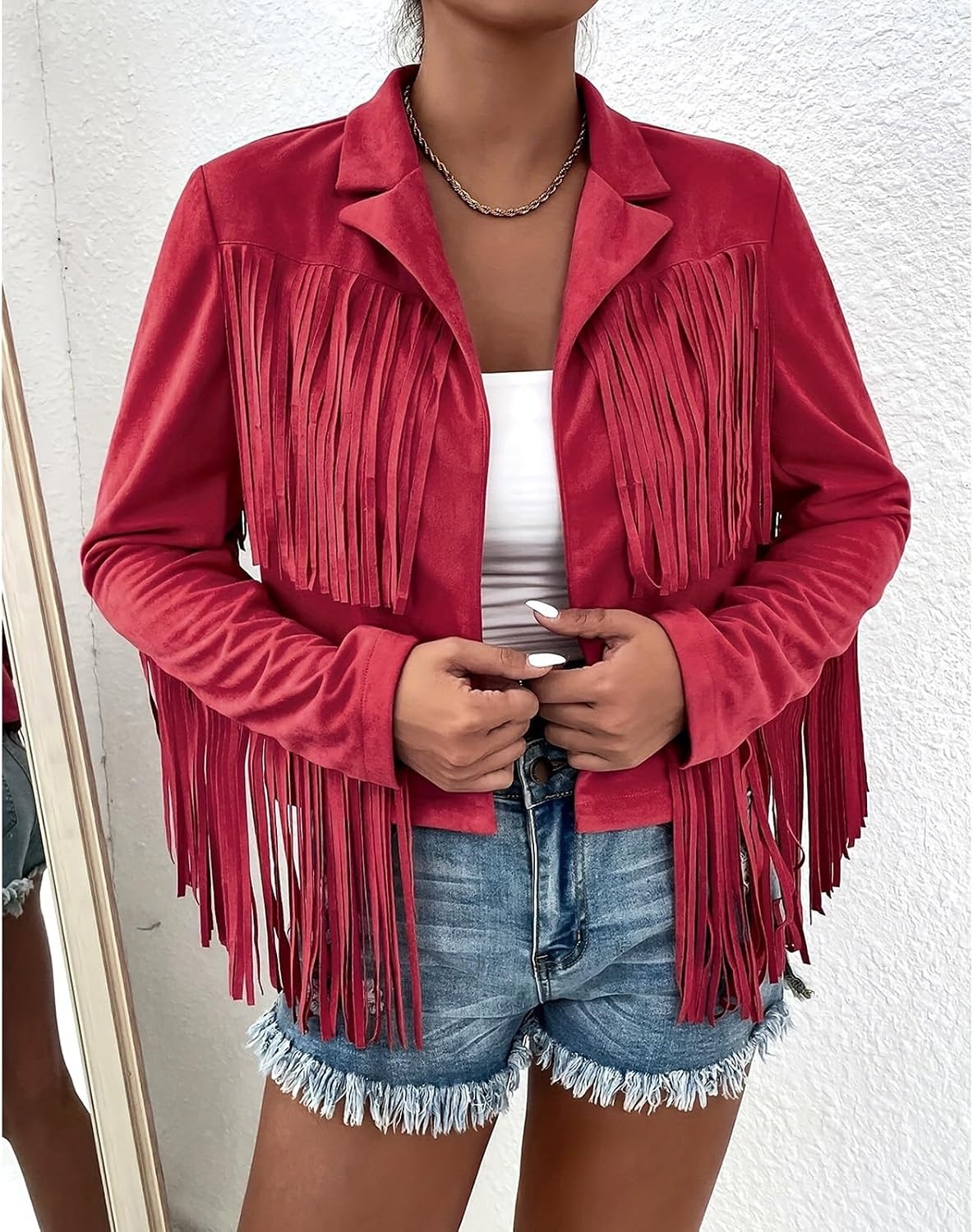 image:imageFringe Jacket Women Faux Suede Leather Jackets Vintage Tassel Cowgirl Coat Tassel Motorcycle Cropped Coats Casual Open Front Western Tassel Coat Long Sleeve Fall Winter Jacket OutwearHot Pink